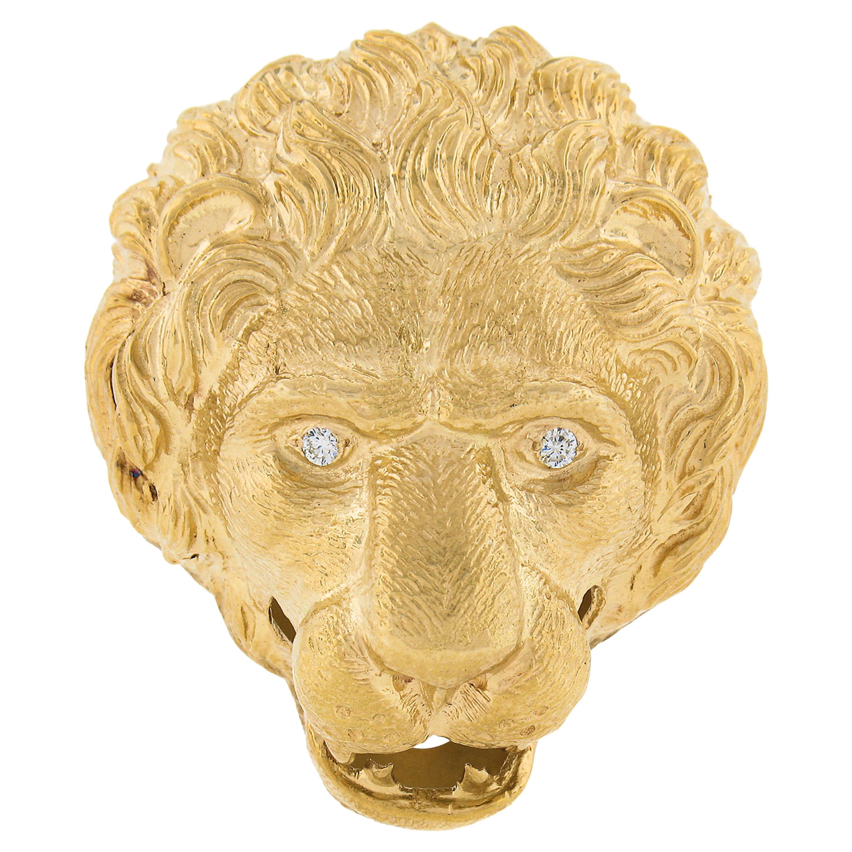 Vieille broche en or jaune 18 carats, diamant, tête de lion 3D détaillée, avec pendentif