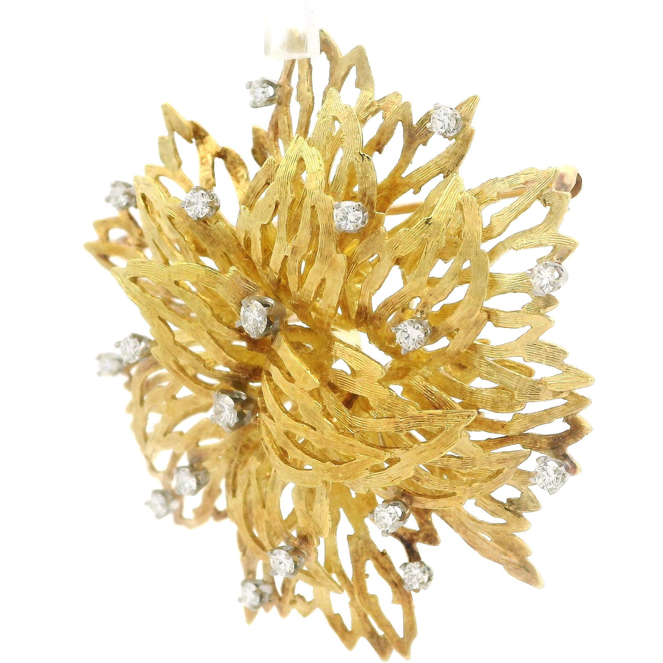 Women's Vintage 18k Yellow Gold Diamond Large Textured Flower Spray Fiery Pin Brooch For Sale
