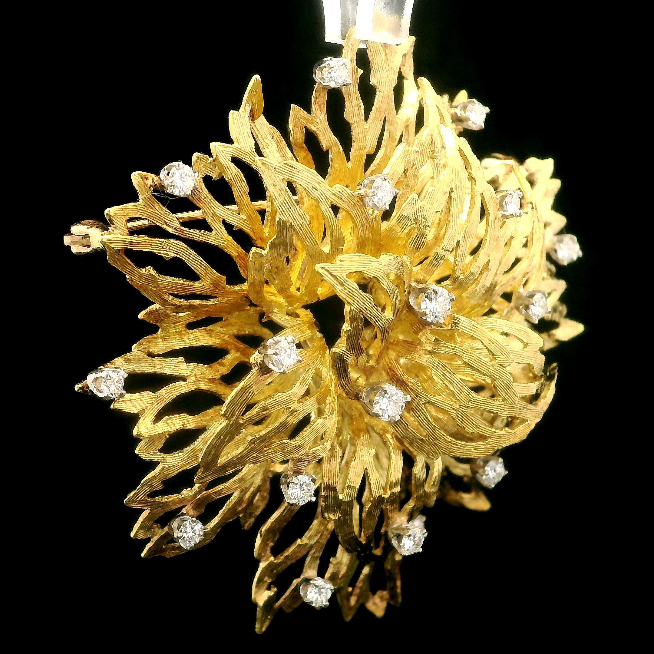 Vintage 18k Yellow Gold Diamond Large Textured Flower Spray Fiery Pin Brooch For Sale 3
