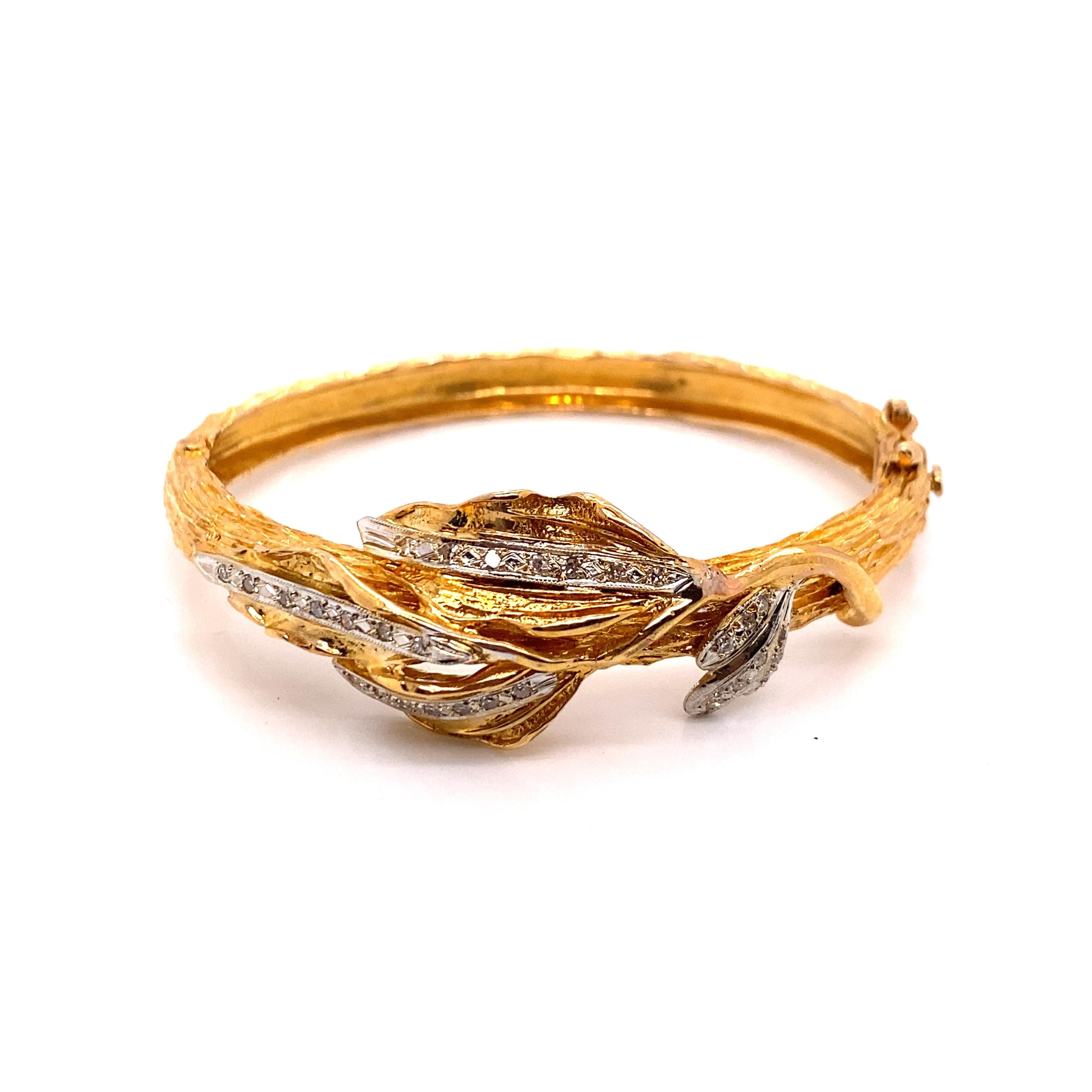 Retro Vintage 18k Yellow Gold Diamond Leaf Bangle For Sale