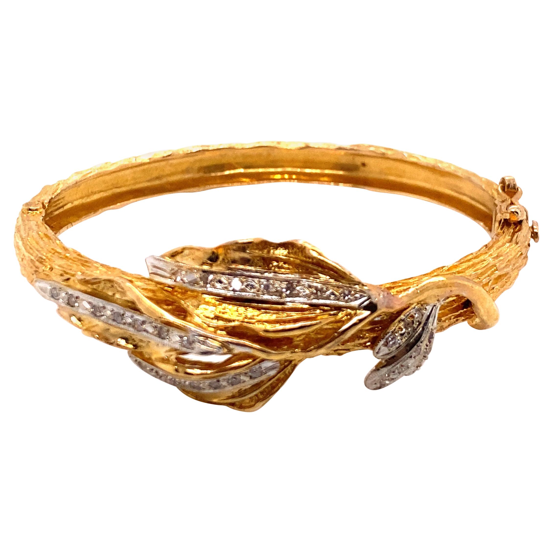 Vintage 18k Yellow Gold Diamond Leaf Bangle