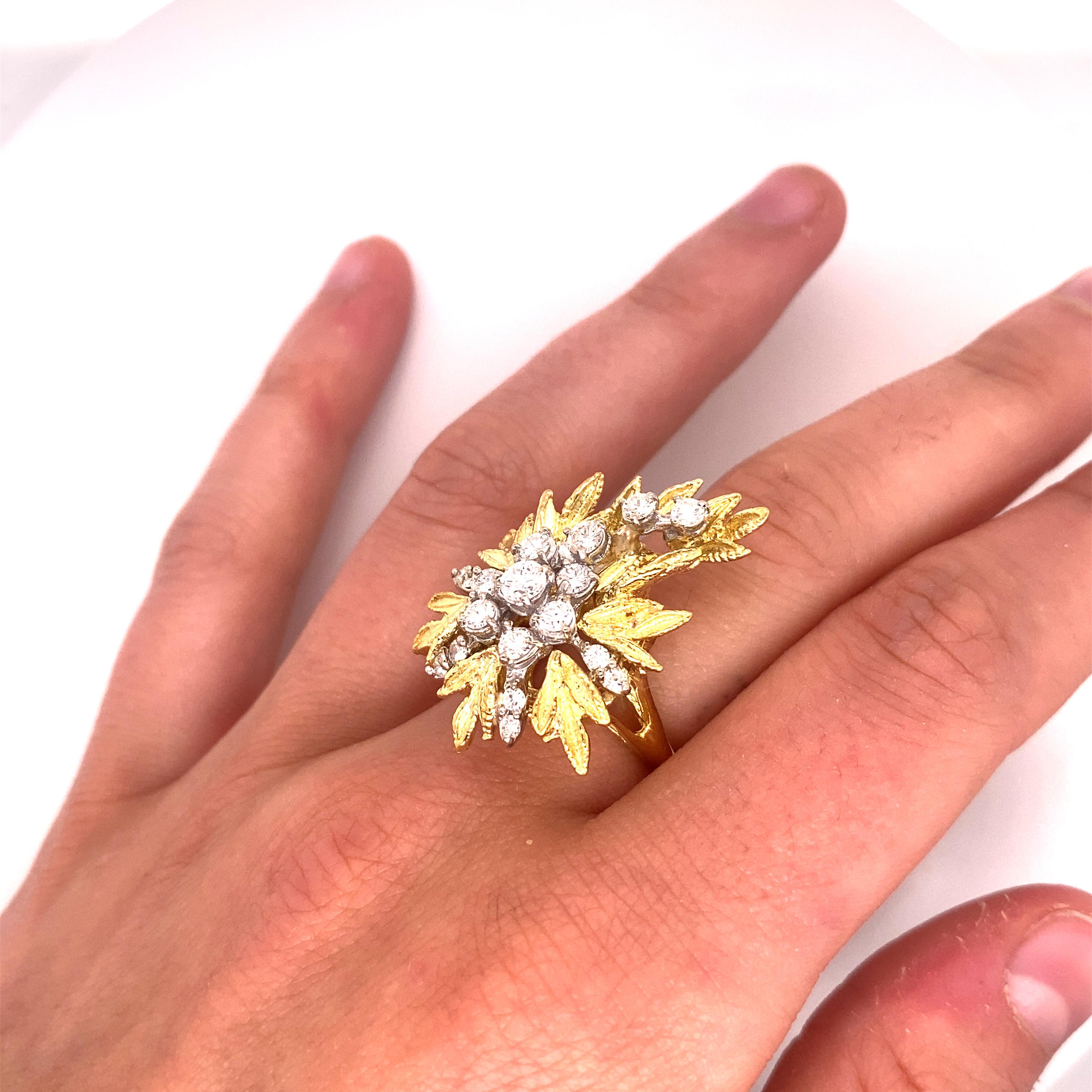 Vintage 18K Yellow Gold Diamond Leaf Ring 1.00ct For Sale 4