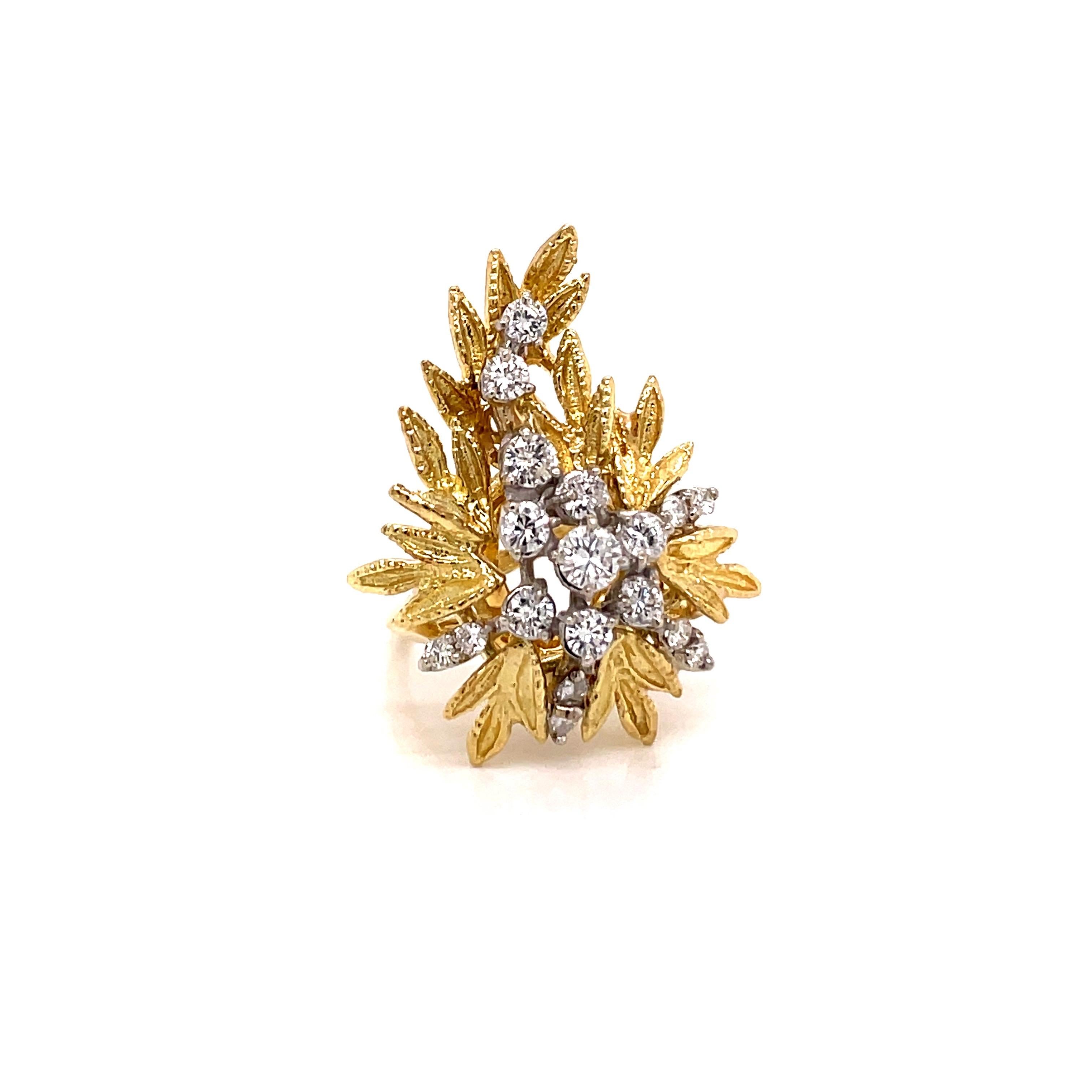 Vintage 18K Yellow Gold Diamond Leaf Ring 1.00ct - The ring is set with 18 round brilliant diamond with an approximate weight of 1.00ct. The diamond quality is G color and VS - SI clarity and they are set in white gold heads. The leaf measures about