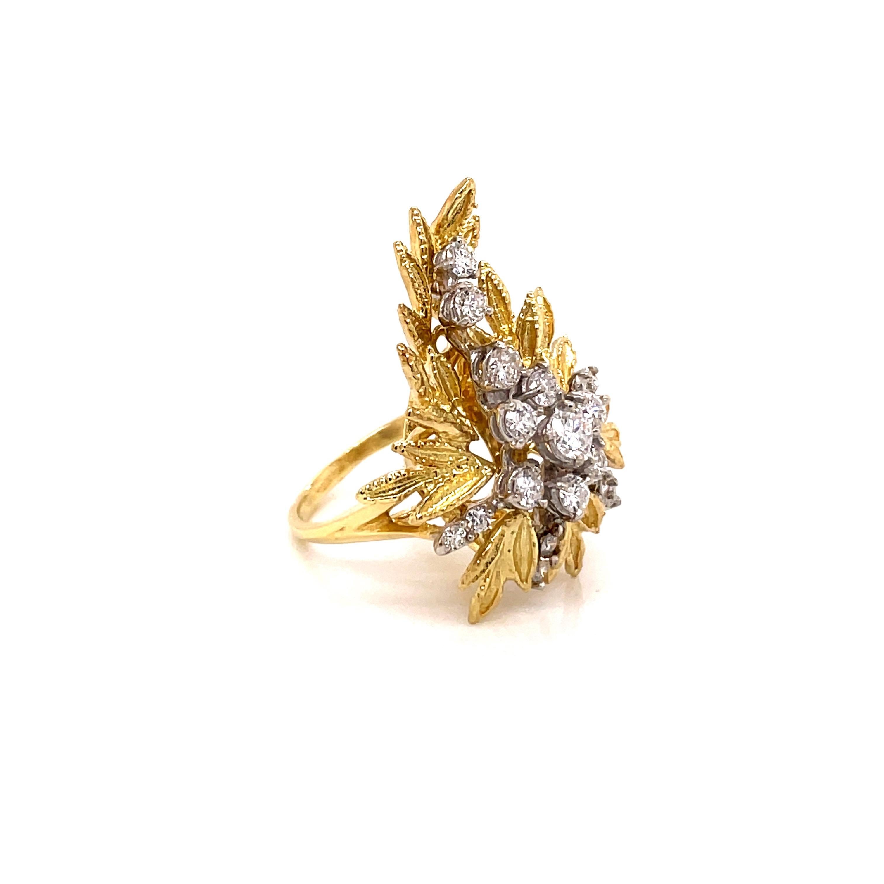 Round Cut Vintage 18K Yellow Gold Diamond Leaf Ring 1.00ct For Sale