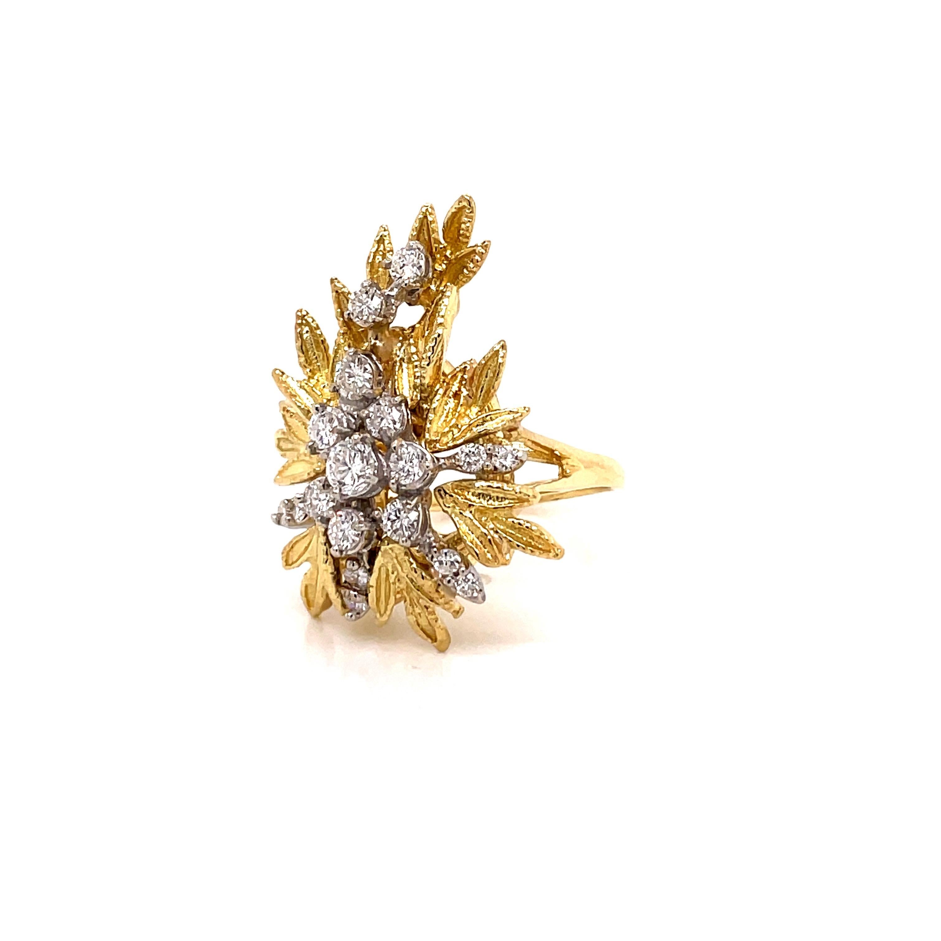 Women's Vintage 18K Yellow Gold Diamond Leaf Ring 1.00ct For Sale