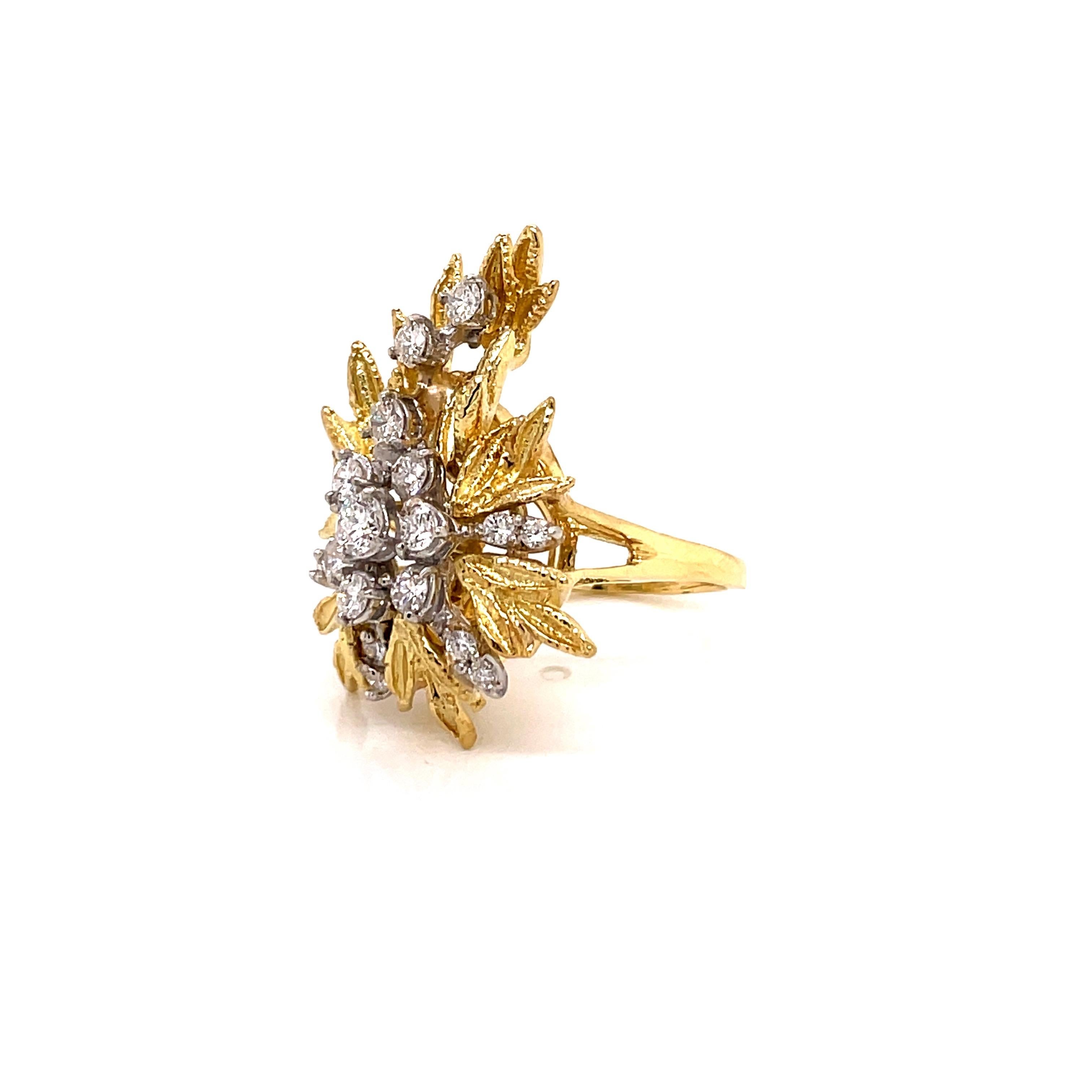 Vintage 18K Yellow Gold Diamond Leaf Ring 1.00ct For Sale 1