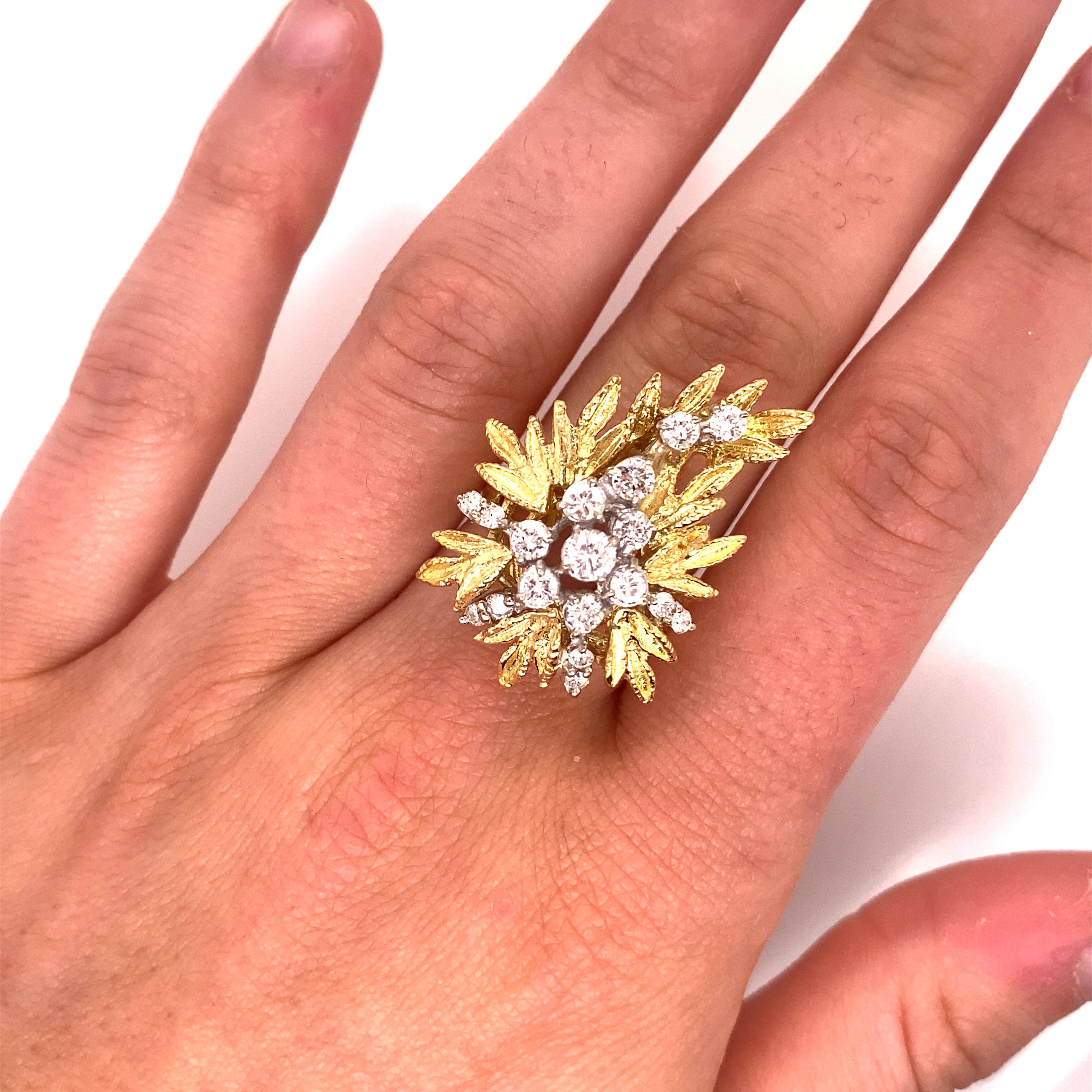 Vintage 18K Yellow Gold Diamond Leaf Ring 1.00ct For Sale 2