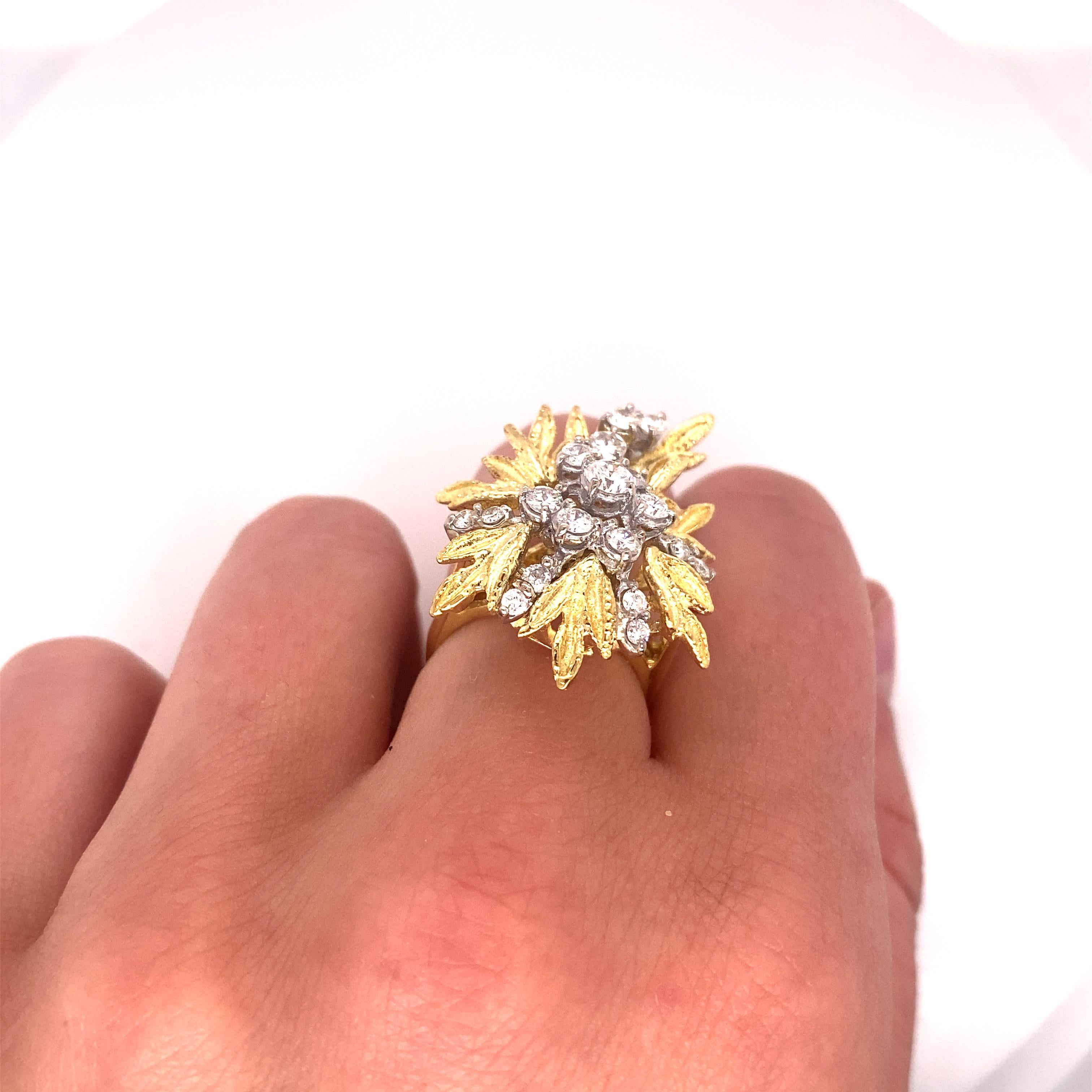 Vintage 18K Yellow Gold Diamond Leaf Ring 1.00ct For Sale 3