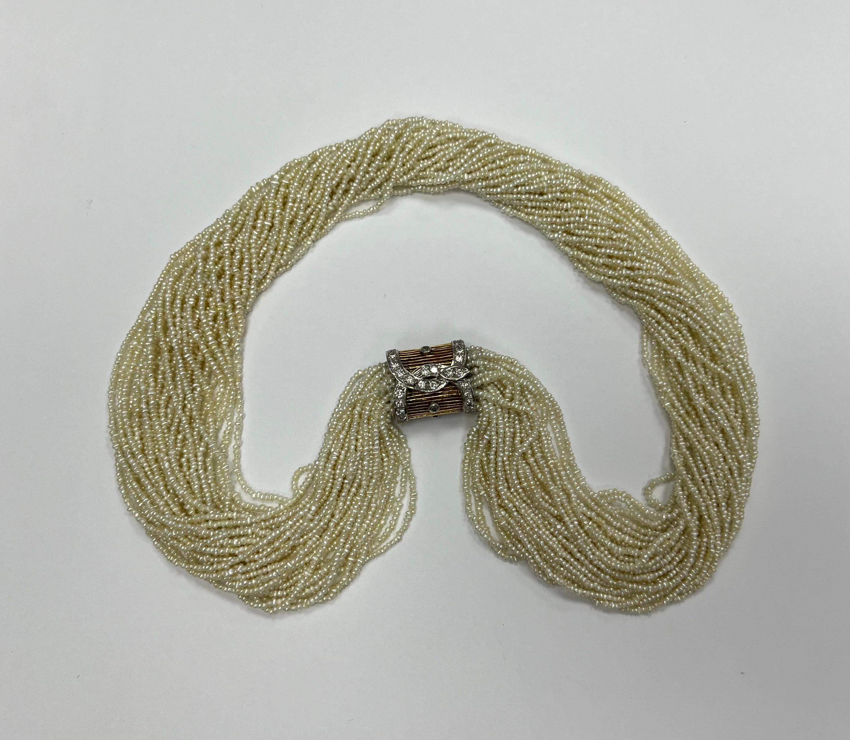 Vintage 18K Yellow Gold Diamond Natural Seed Pearl Necklace In Excellent Condition For Sale In New York, NY