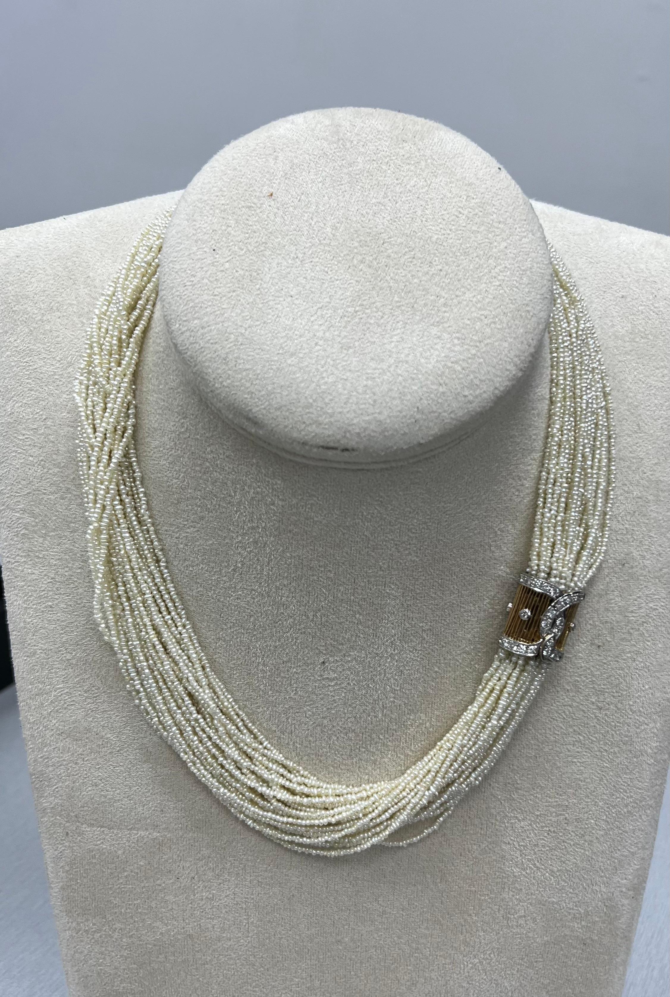 Vintage 18K Yellow Gold Diamond Natural Seed Pearl Necklace For Sale 1