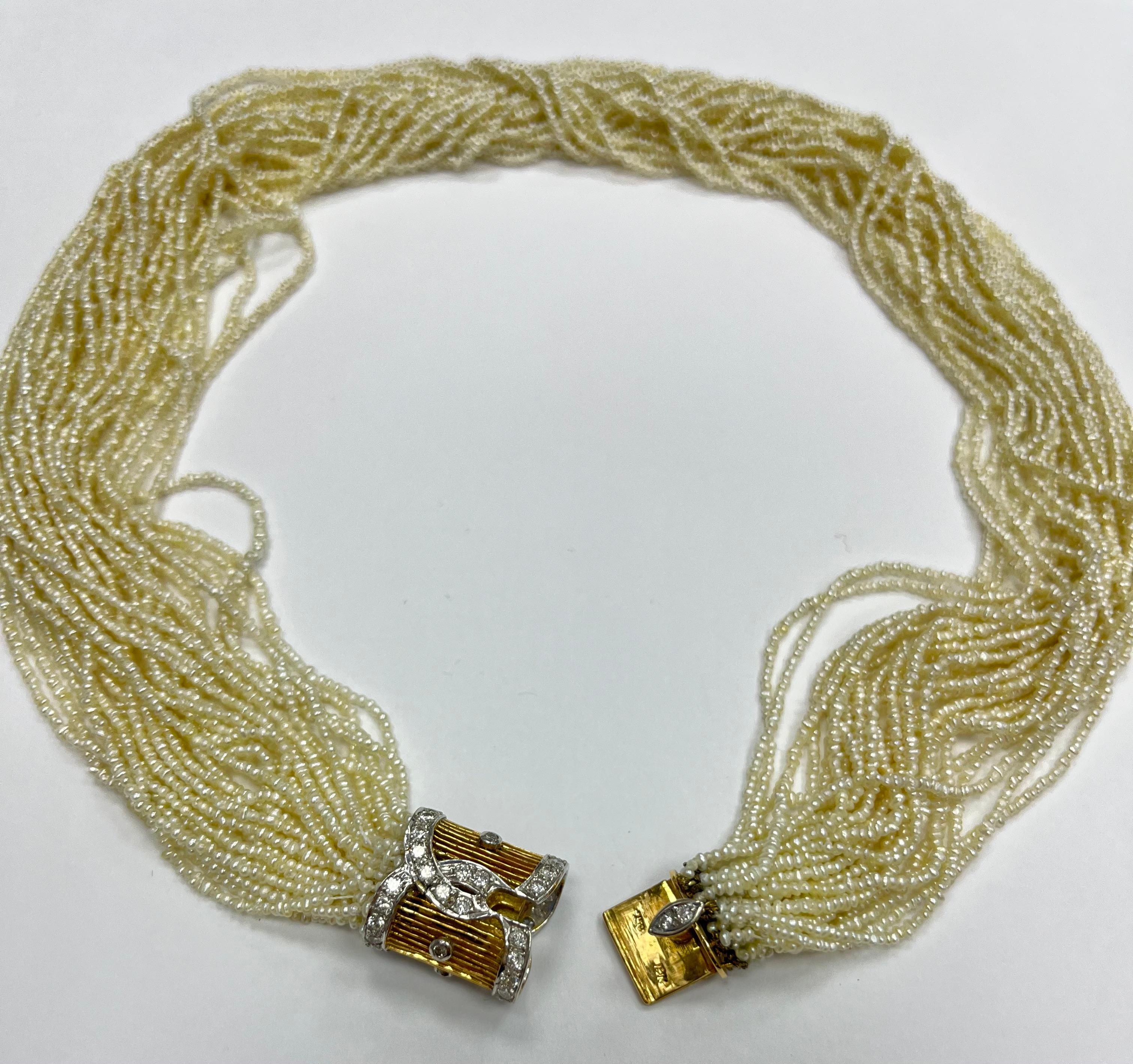 Vintage 18K Yellow Gold Diamond Natural Seed Pearl Necklace For Sale 3