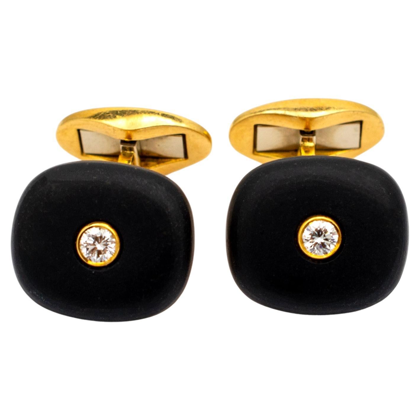 Boutons de manchette vintage rectangulaires noirs en or jaune 18 carats et diamants en vente