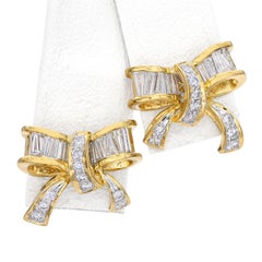 Vintage 18k Yellow Gold Diamond Ribbon Earrings