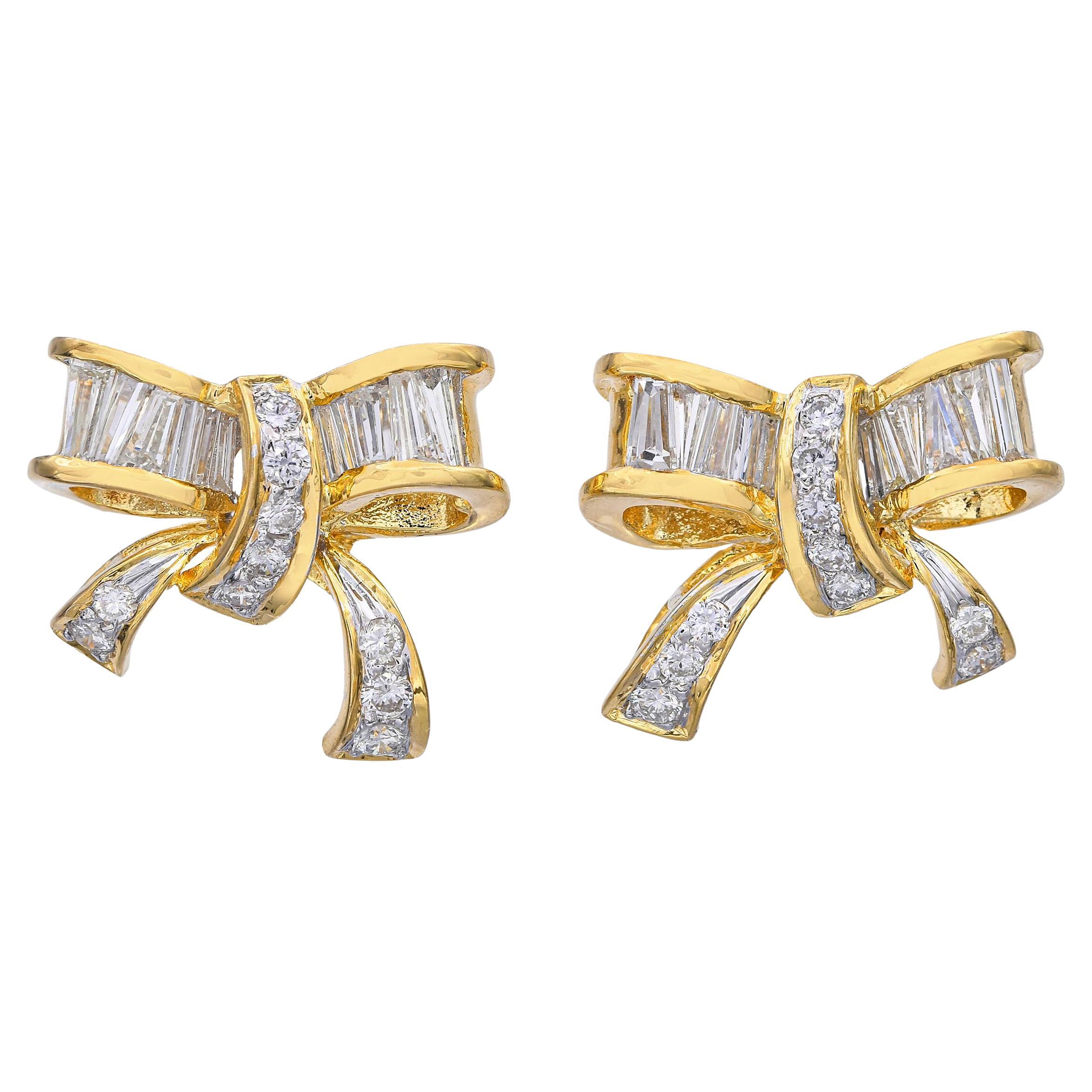 Vintage 18k Yellow Gold Diamond Ribbon Earrings