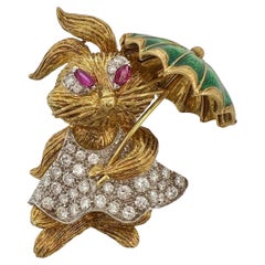 Vintage 18k Yellow Gold Diamond Ruby Bunny Brooch