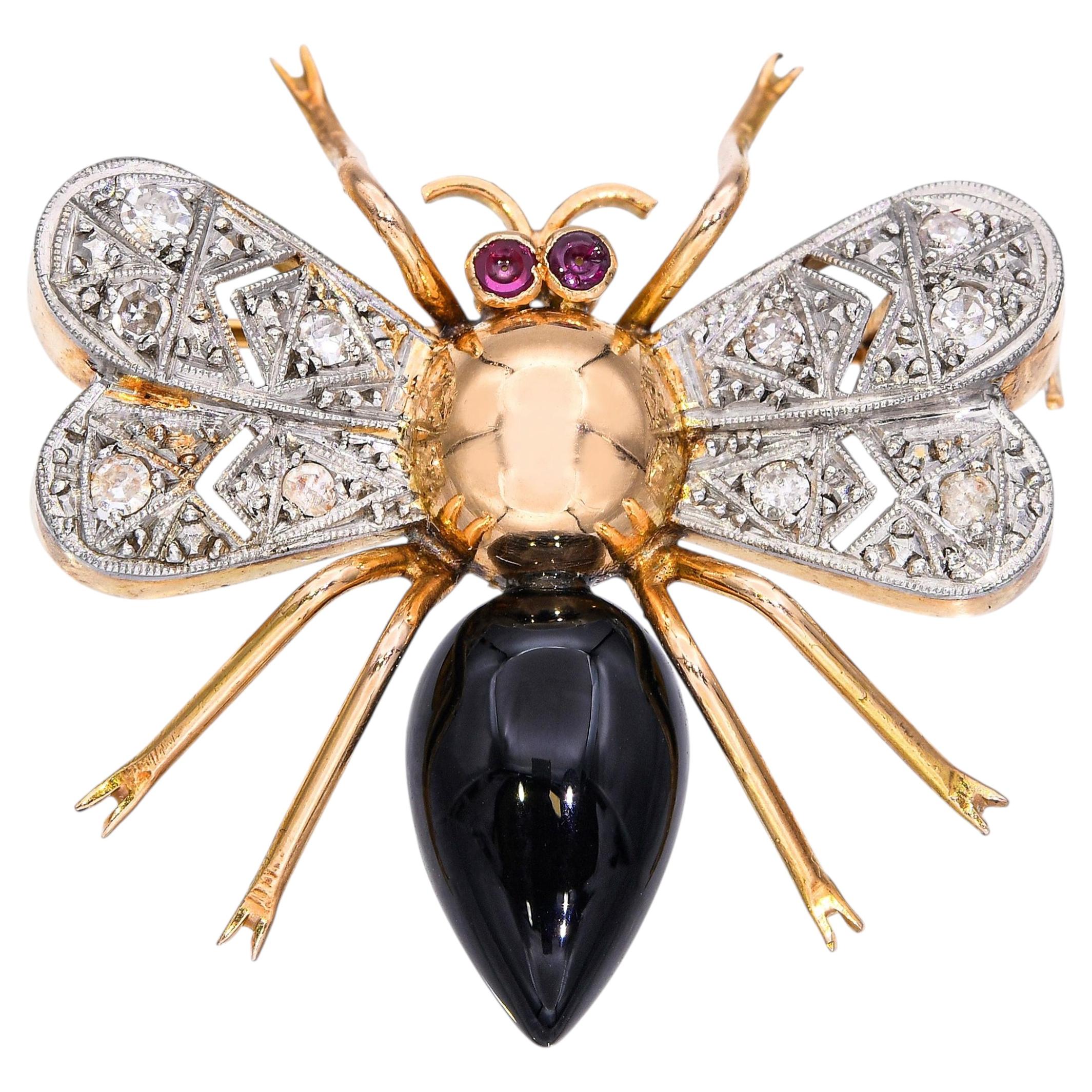 Vintage 18k Yellow Gold Diamond Ruby & Onyx Bee Brooch