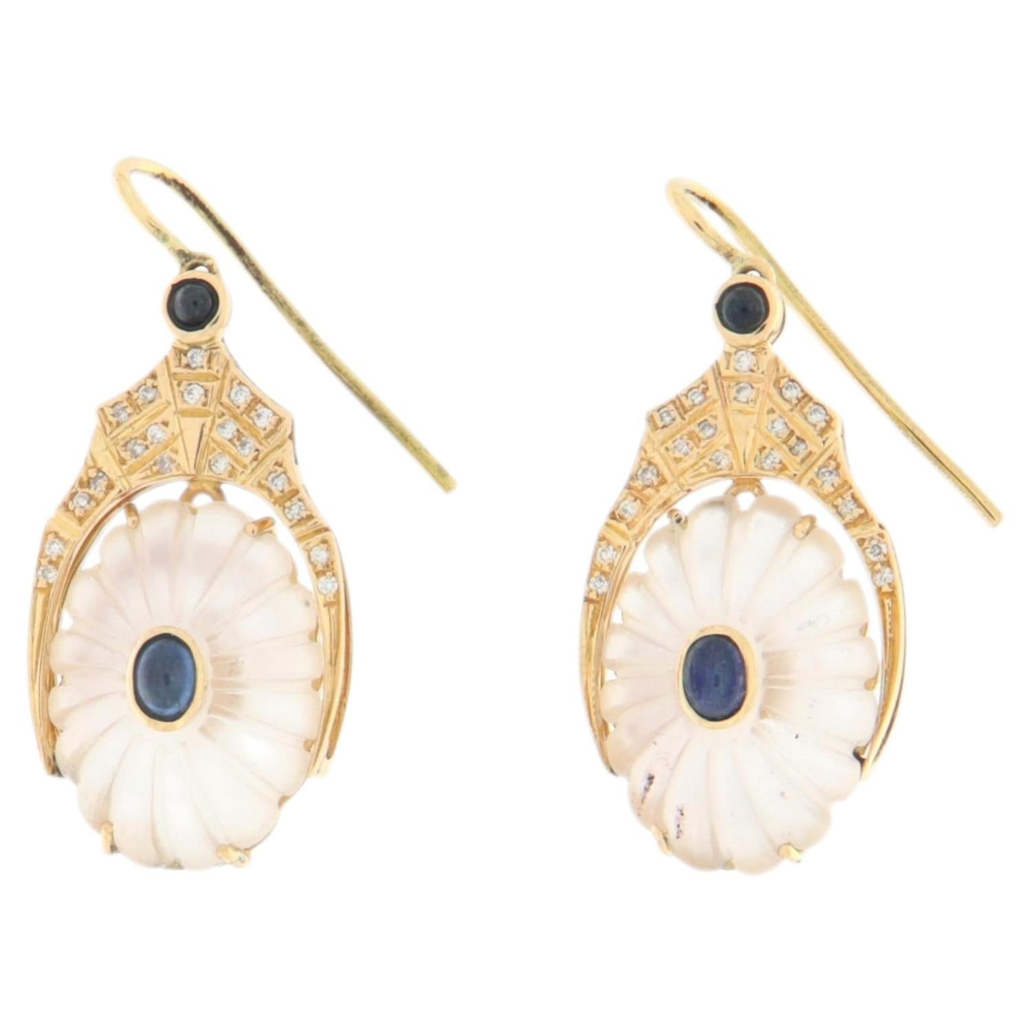 Vintage 18K Yellow Gold Diamond Sapphire Crystal Rock Bezel Setting Drop Earring For Sale