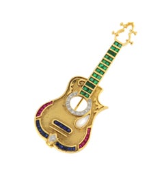 Vintage 18K Yellow Gold Diamond Sapphire Emerald Ruby Grain Setting Brooch