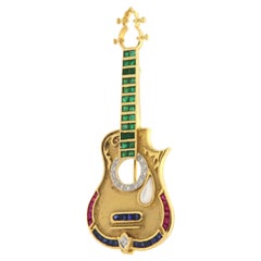 Vintage 18K Yellow Gold Diamond Sapphire Emerald Ruby Grain Setting Brooch