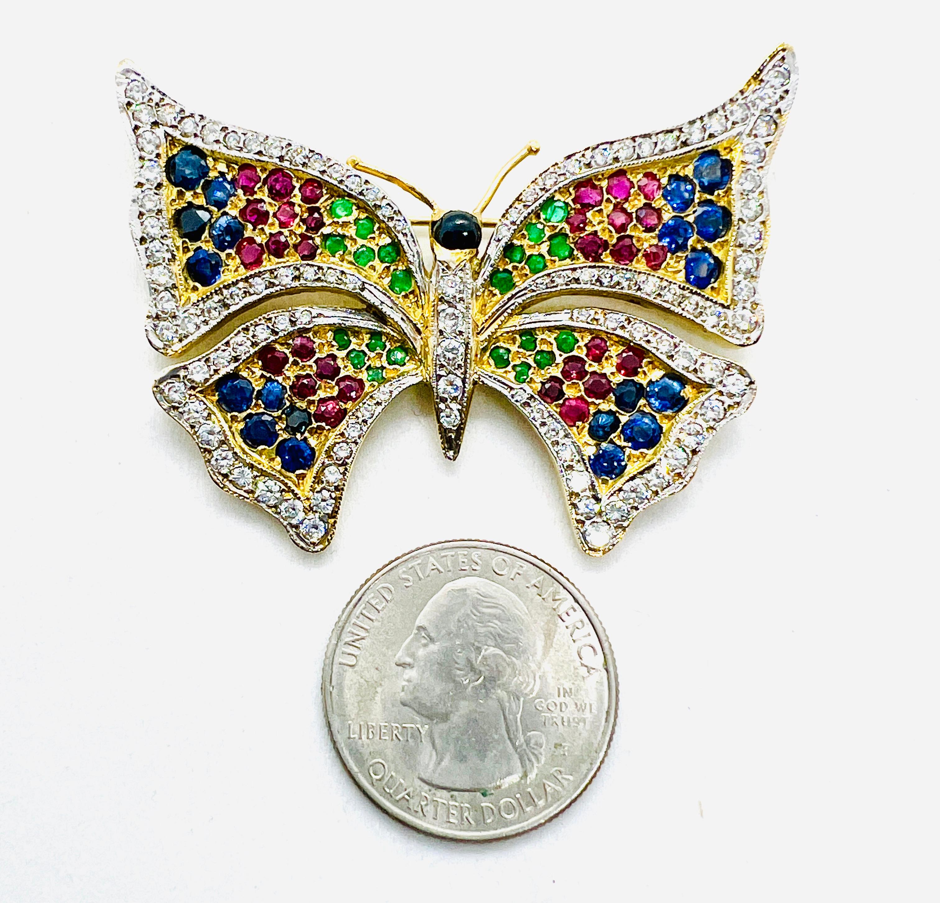 Art Nouveau Vintage 18K yellow Gold, Diamond, Sapphire, Ruby & Emerald Butterfly Brooch   For Sale