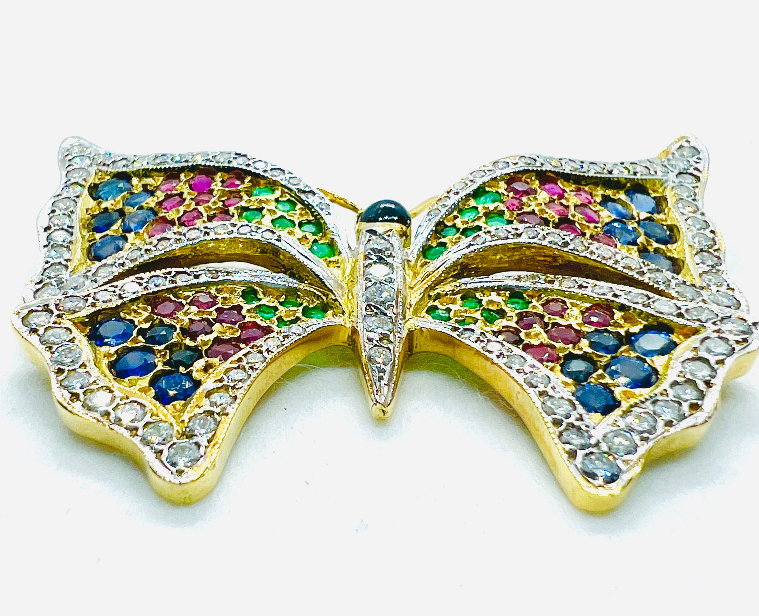 Emerald Cut Vintage 18K yellow Gold, Diamond, Sapphire, Ruby & Emerald Butterfly Brooch   For Sale