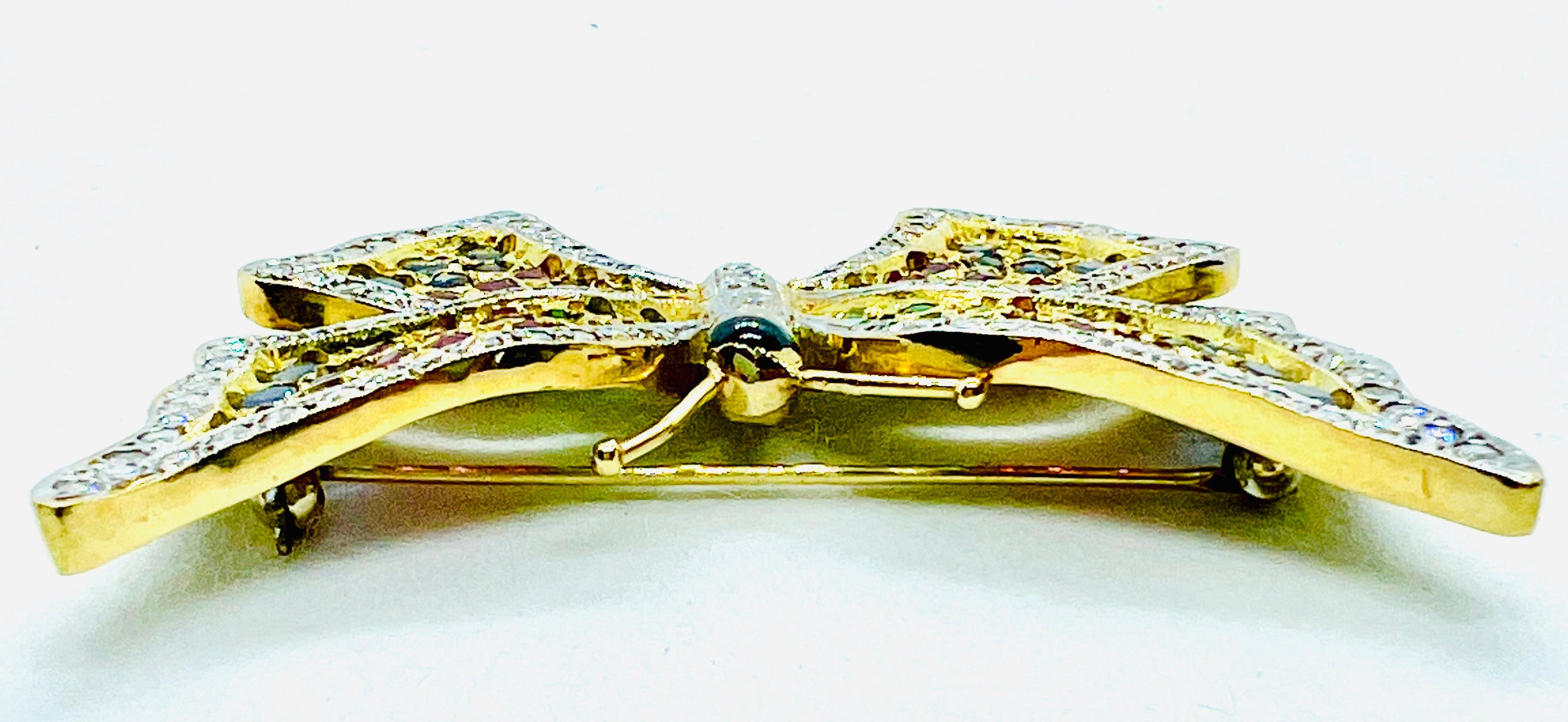 Women's or Men's Vintage 18K yellow Gold, Diamond, Sapphire, Ruby & Emerald Butterfly Brooch   For Sale