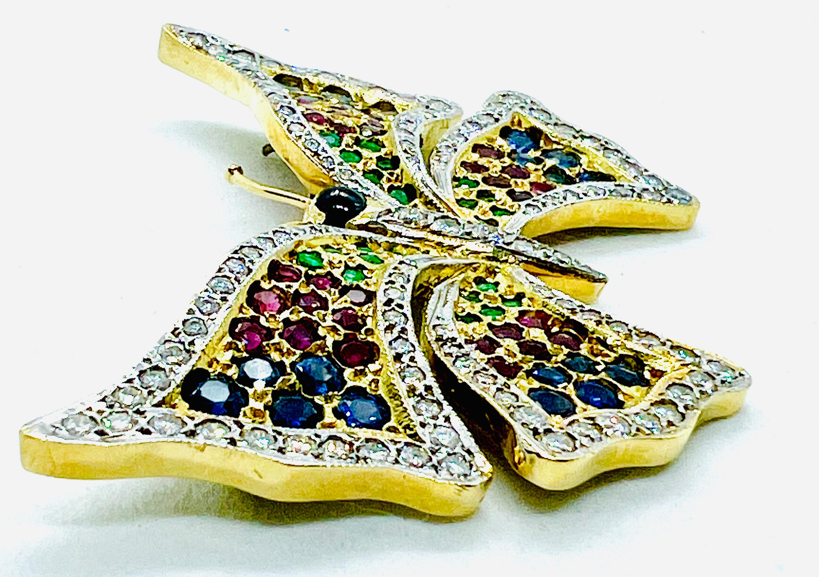 Vintage 18K yellow Gold, Diamond, Sapphire, Ruby & Emerald Butterfly Brooch   For Sale 1