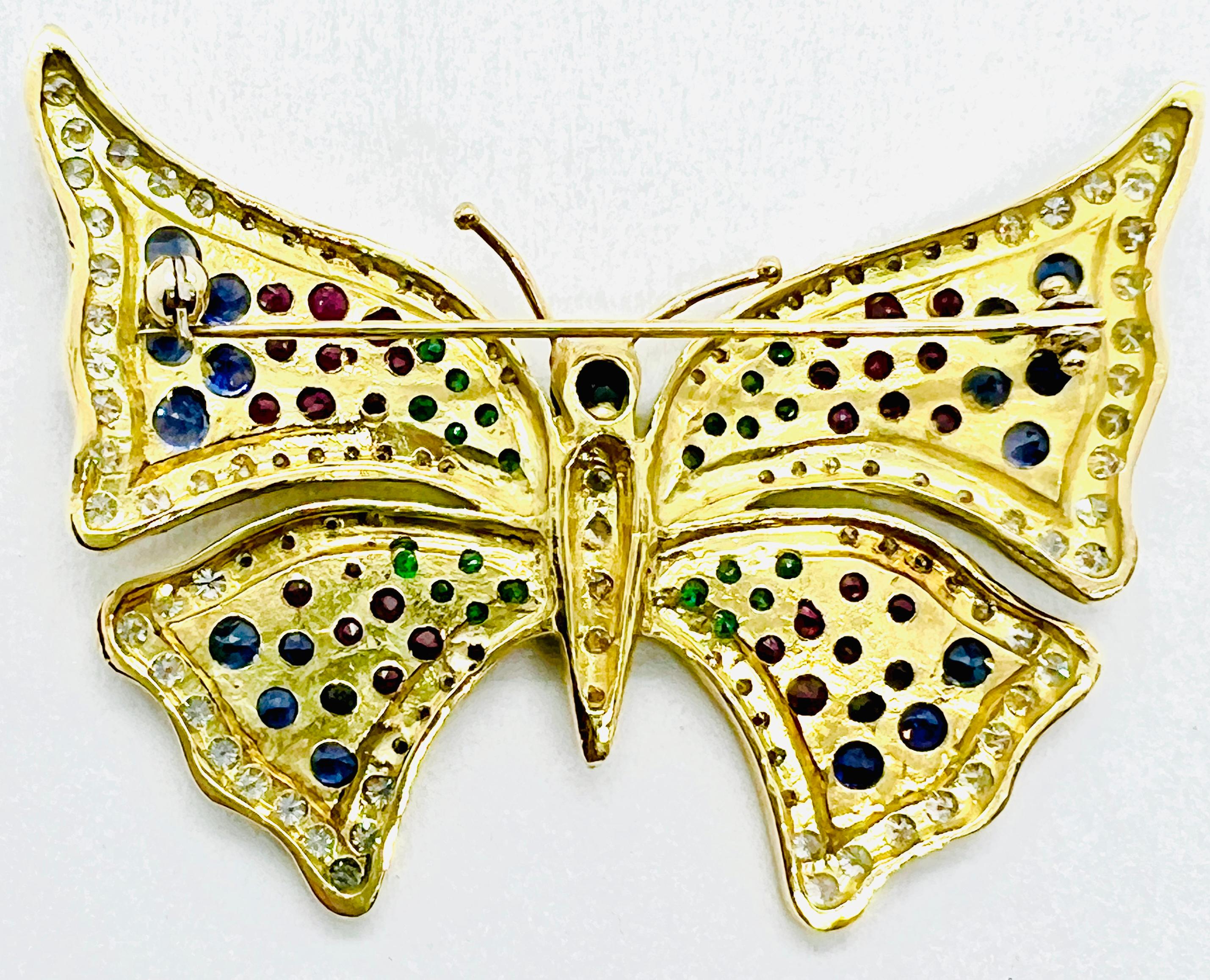 Vintage 18K yellow Gold, Diamond, Sapphire, Ruby & Emerald Butterfly Brooch   For Sale 2