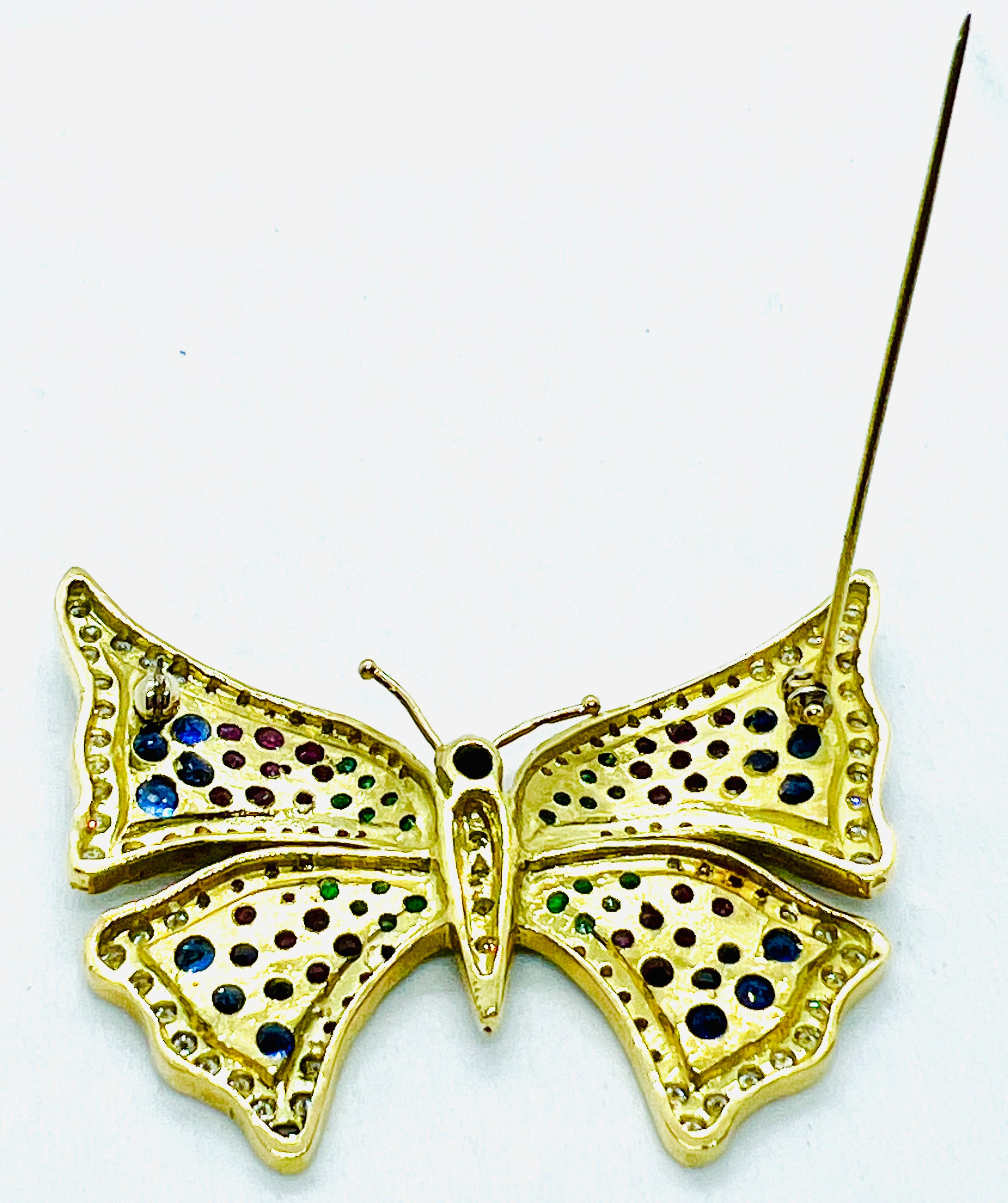 Vintage 18K yellow Gold, Diamond, Sapphire, Ruby & Emerald Butterfly Brooch   For Sale 3