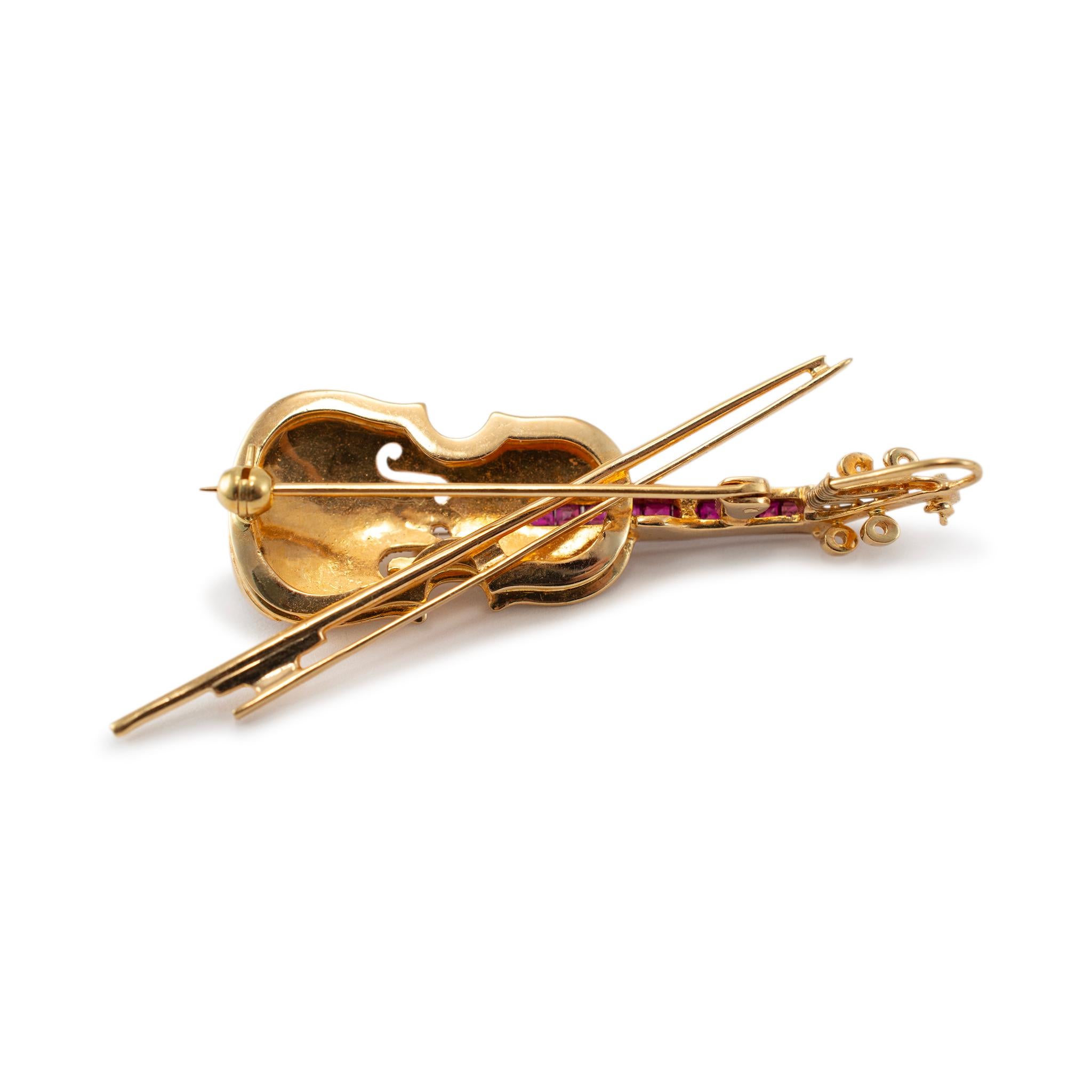 Round Cut Vintage 18K Yellow Gold Diamond Sapphire Viollin Cello Viola Brooch PIN