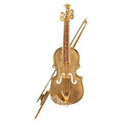 Vintage 18K Yellow Gold Diamond Sapphire Viollin Cello Viola Brooch PIN