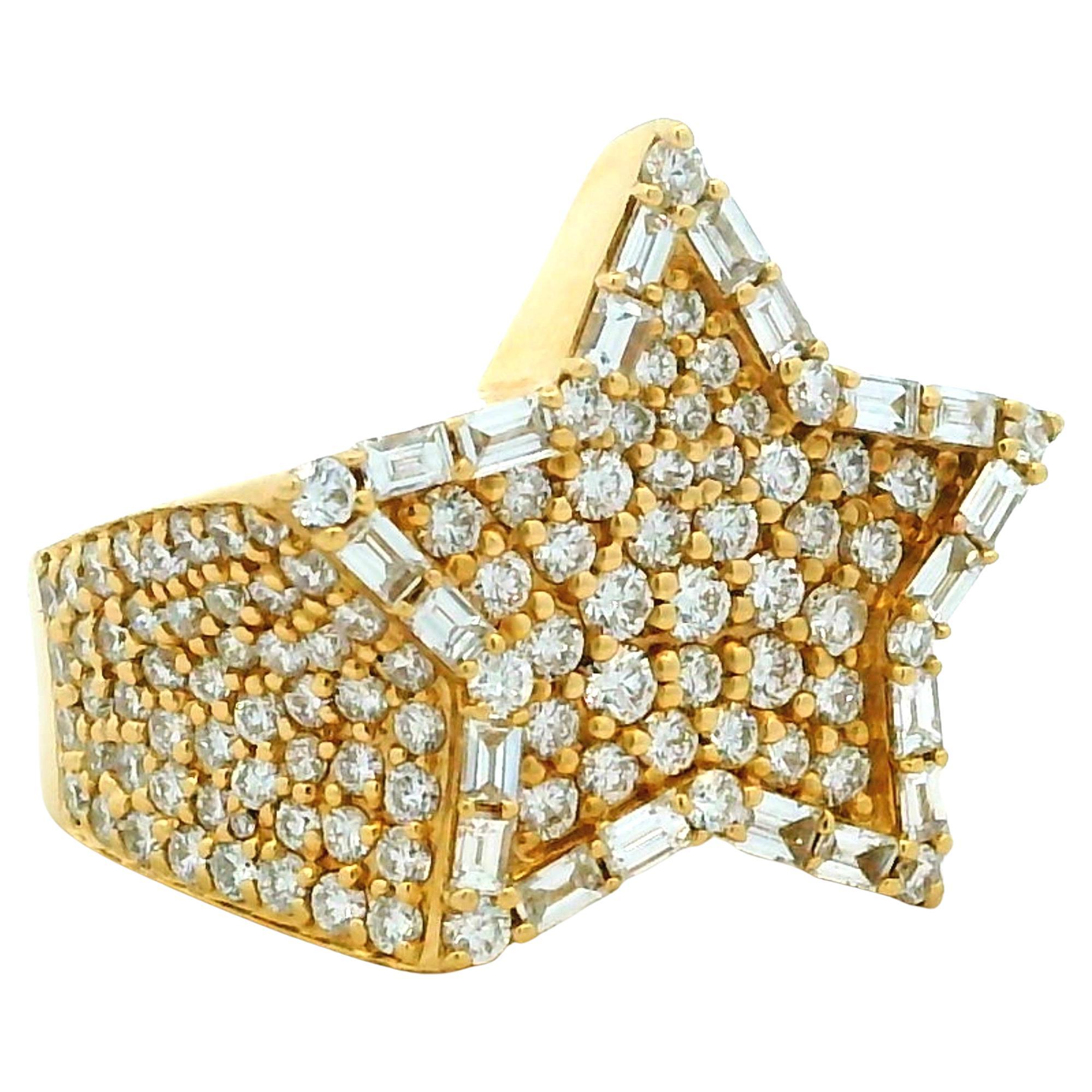 Anello vintage con stella di diamanti in oro giallo 18K, 3,5 carati, anni '80-'90, misura 7