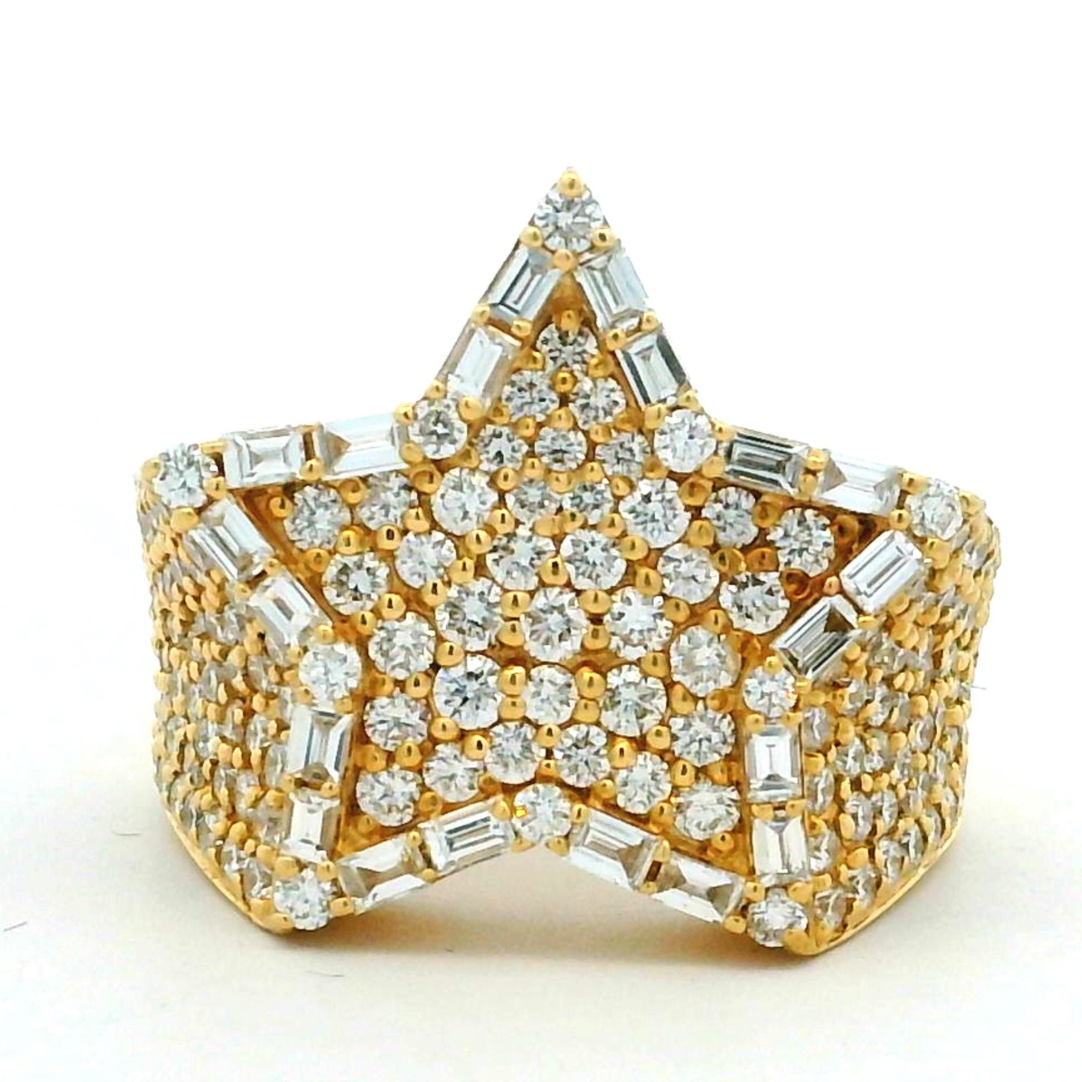 Vintage 18K Gelbgold Diamond Star Ring, 3,5 Karat, 1980er-1990er Jahre, Größe 7 (Baguetteschliff) im Angebot