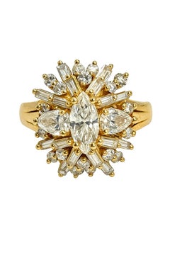 Vintage 18K Yellow Gold Diamond Starburst Ring with Marquise Center