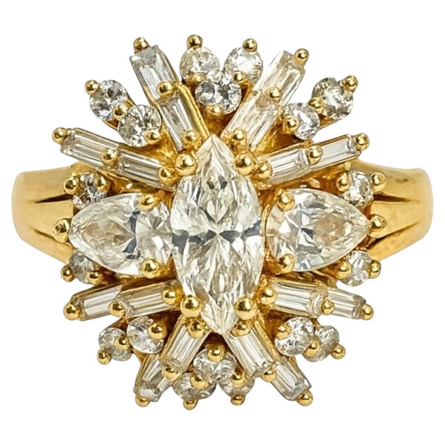 Anello vintage con diamante a stella in oro giallo 18 carati e centro a forma di marquise