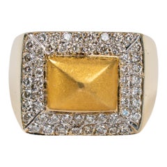 Vintage 18k Yellow Gold Diamond Sugarloaf Pyramid Signet Heavy Statement Ring