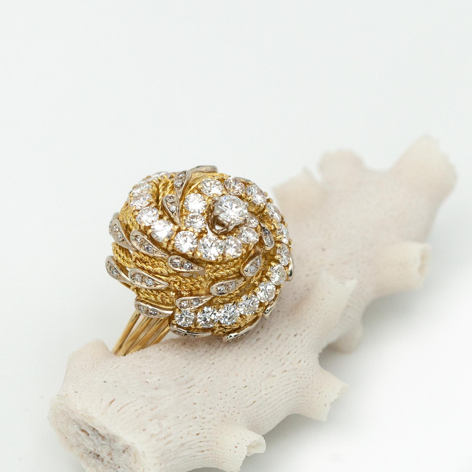 Modern Vintage 18K Yellow Gold Diamond Swirl Cocktail Ring For Sale
