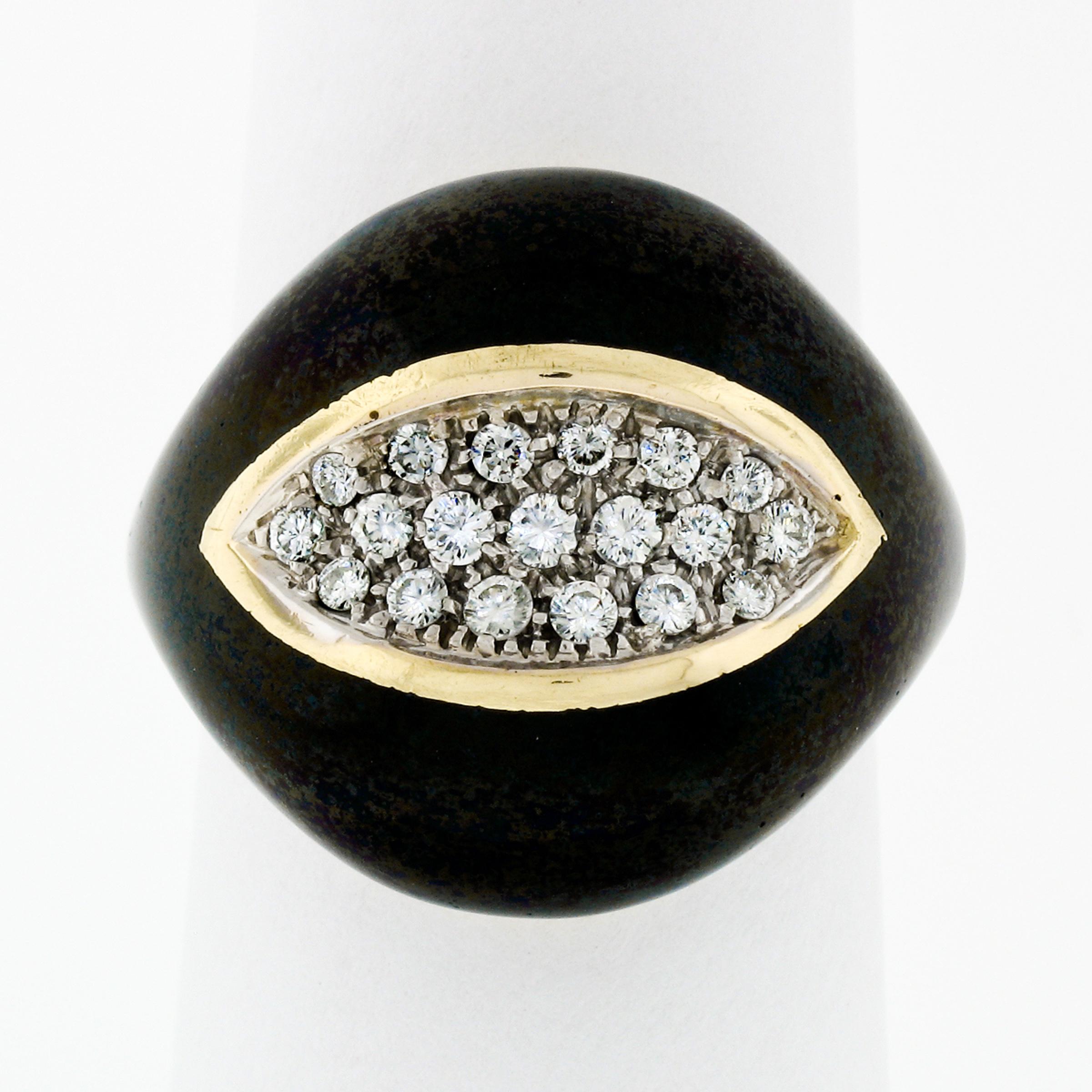 This absolutely unique vintage ring is crafted in solid 18k yellow gold and features wide, gorgeous dome design with center cap that carries 19 stunning diamonds. These diamonds are round brilliant cut and elegantly pave set totaling approximately