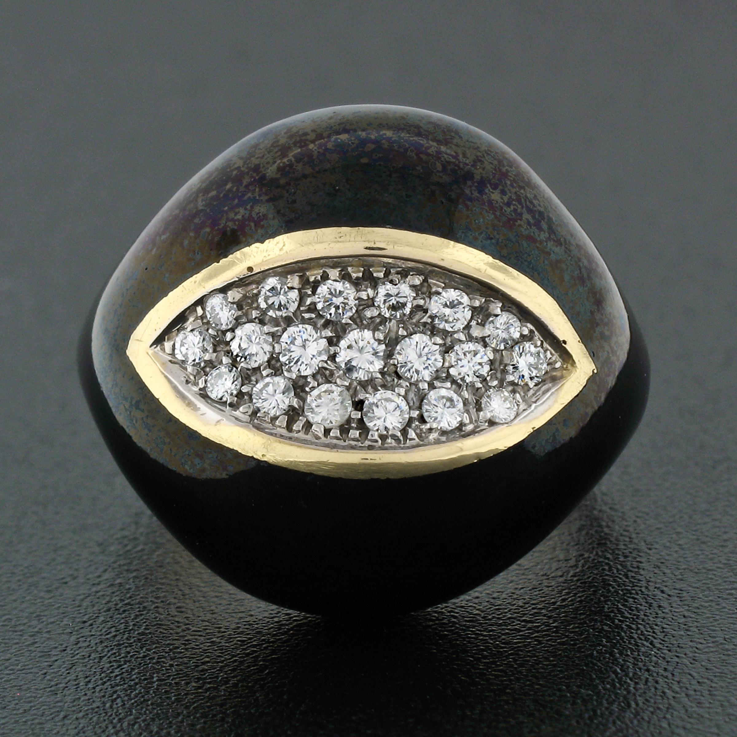 Round Cut Vintage 18k Yellow Gold Diamond Wide Eye Shaped Black Enamel Dome Cocktail Ring