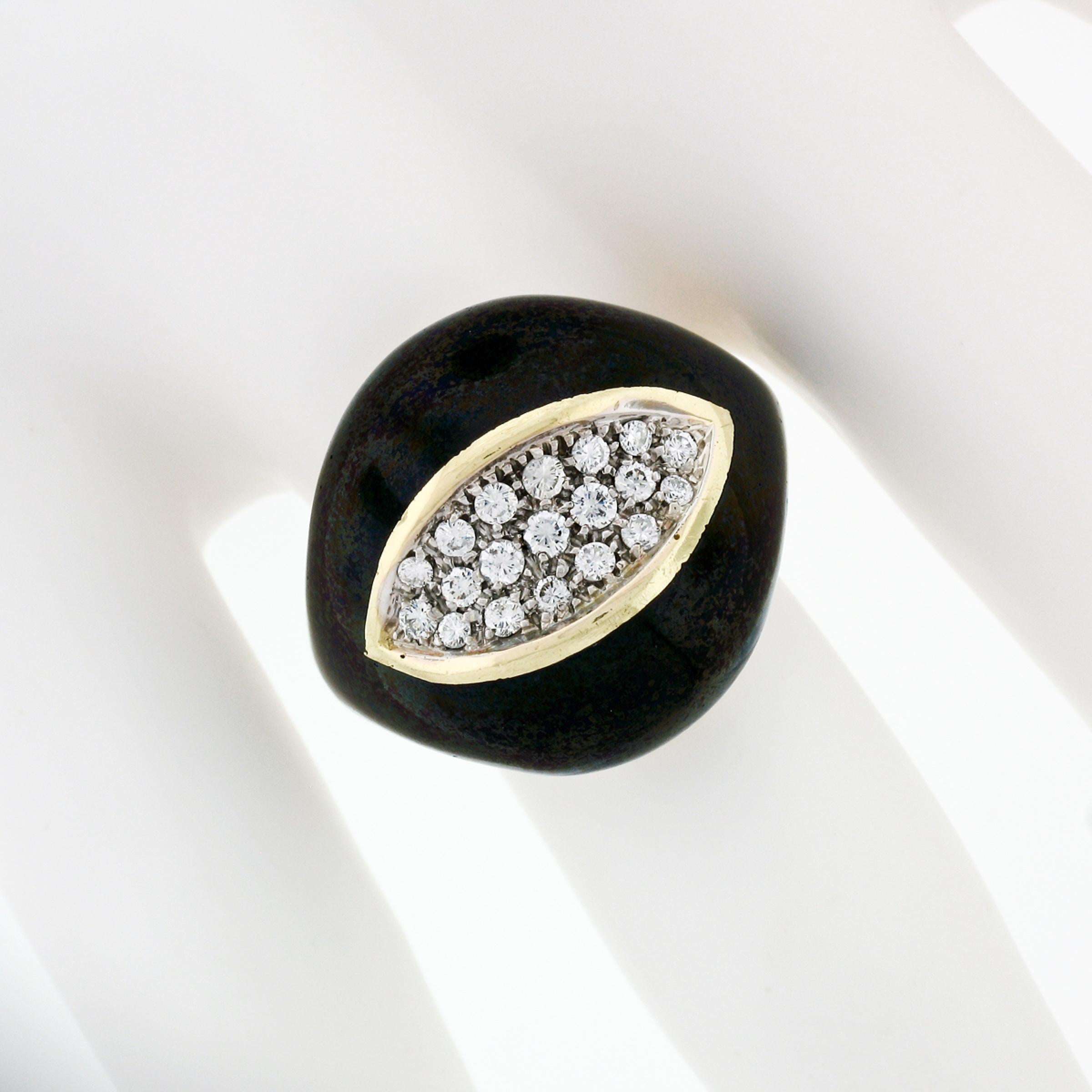 Vintage 18k Yellow Gold Diamond Wide Eye Shaped Black Enamel Dome Cocktail Ring In Excellent Condition In Montclair, NJ