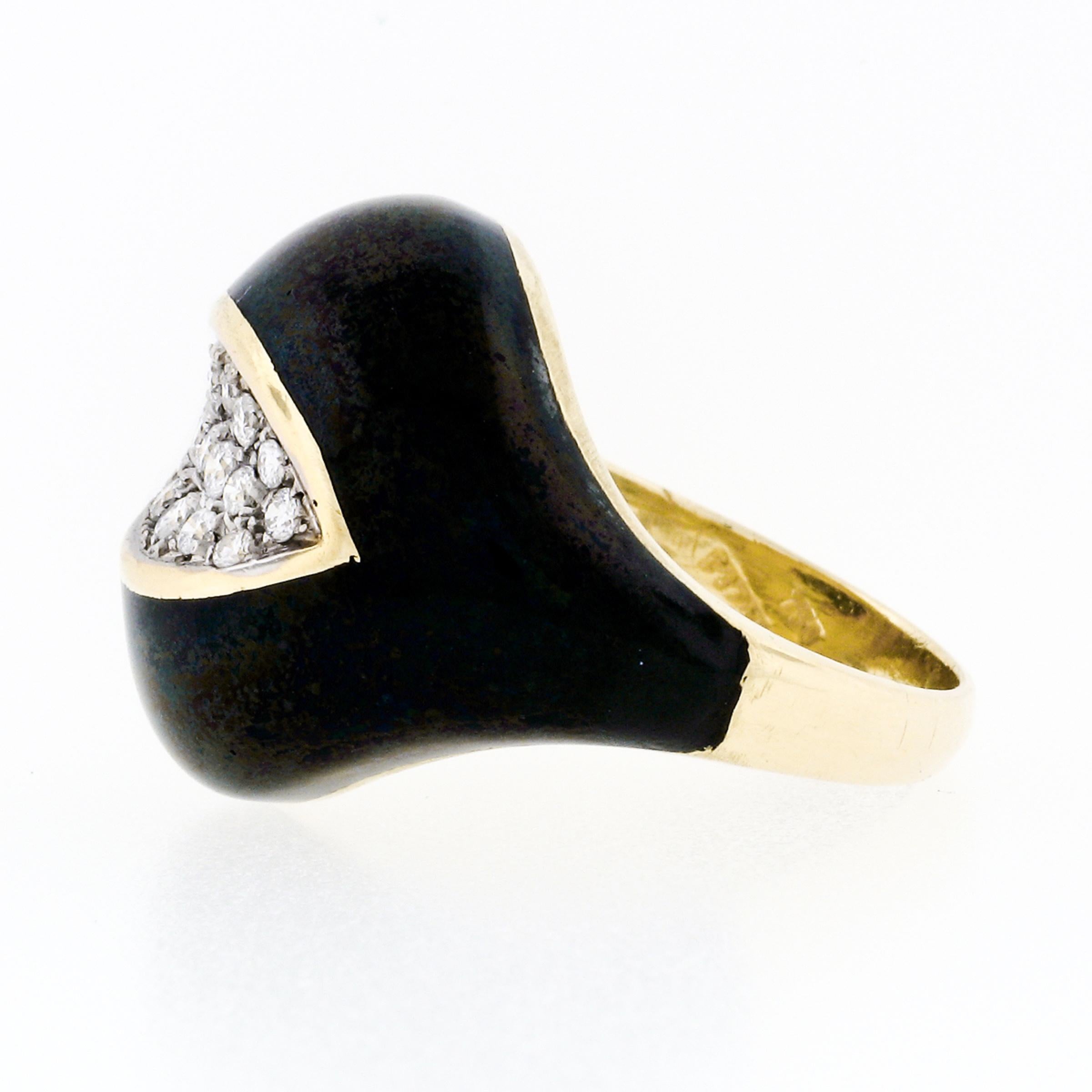 Vintage 18k Yellow Gold Diamond Wide Eye Shaped Black Enamel Dome Cocktail Ring 1