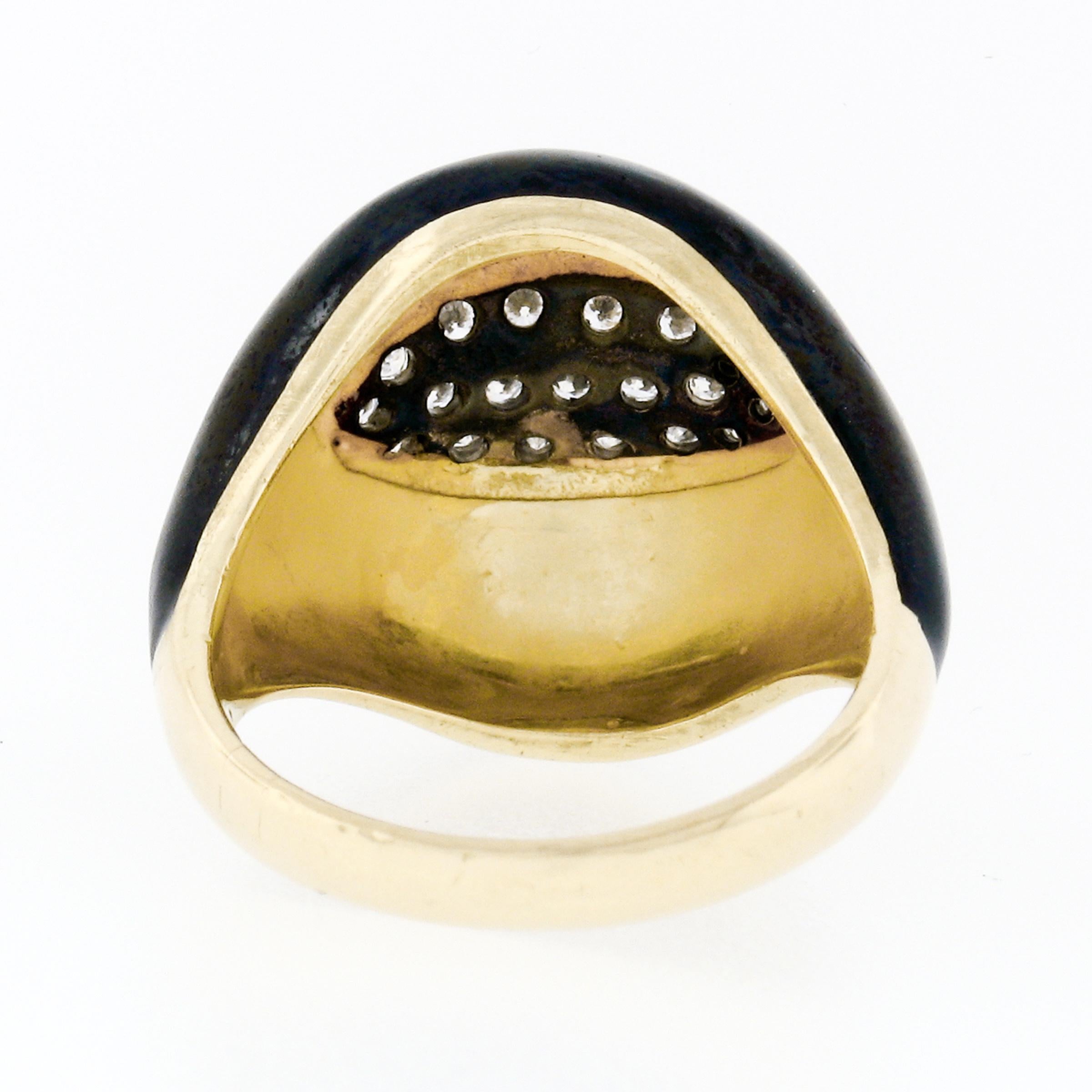 Vintage 18k Yellow Gold Diamond Wide Eye Shaped Black Enamel Dome Cocktail Ring 2