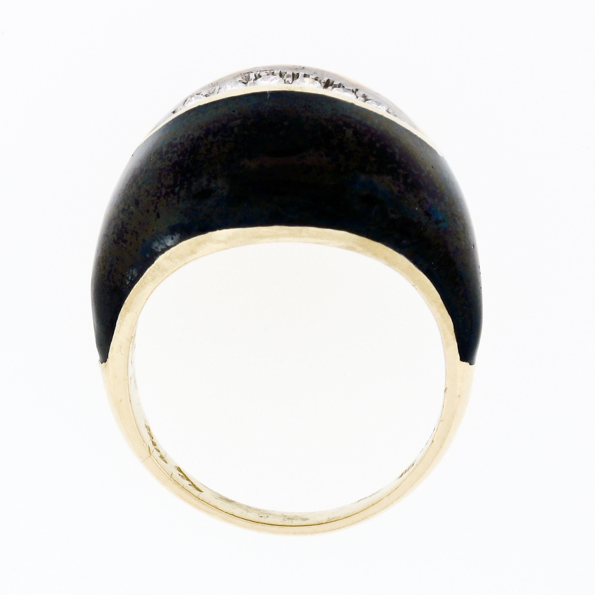 Vintage 18k Yellow Gold Diamond Wide Eye Shaped Black Enamel Dome Cocktail Ring 3