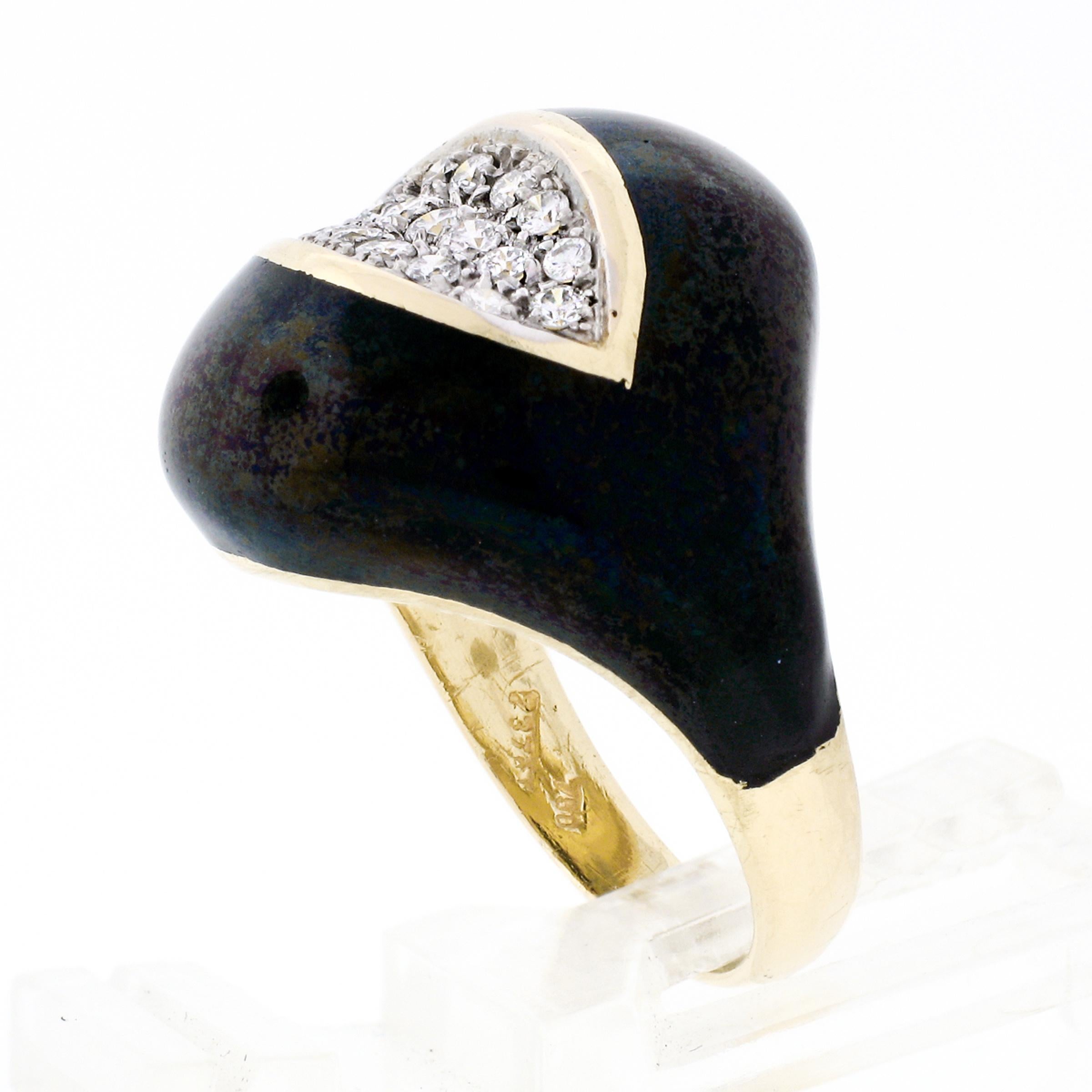 Vintage 18k Yellow Gold Diamond Wide Eye Shaped Black Enamel Dome Cocktail Ring 4