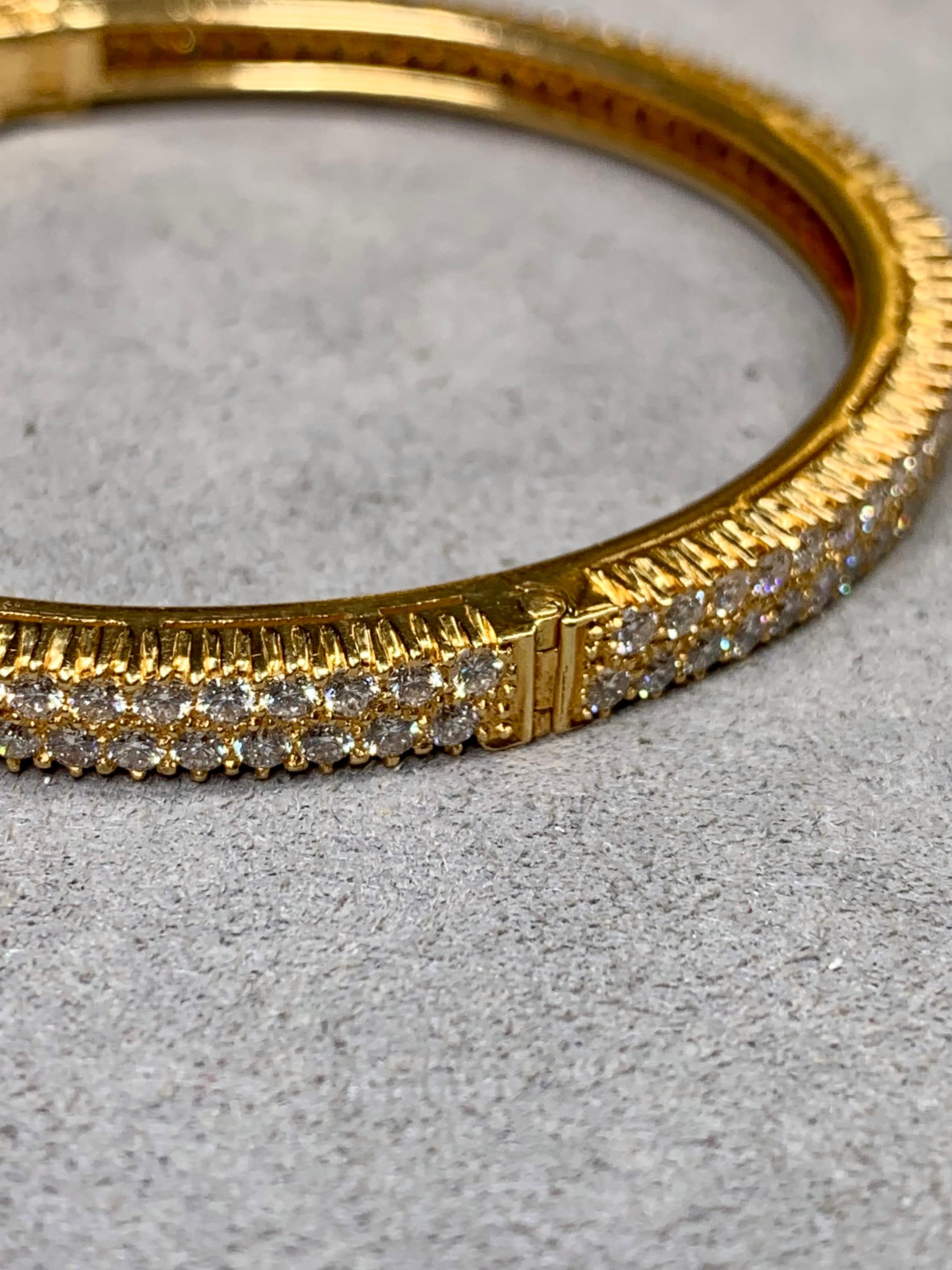 Contemporary Vintage 18K Yellow Gold Double Row Diamond Cuff Bangle Bracelet 5.50ctw F Vs For Sale