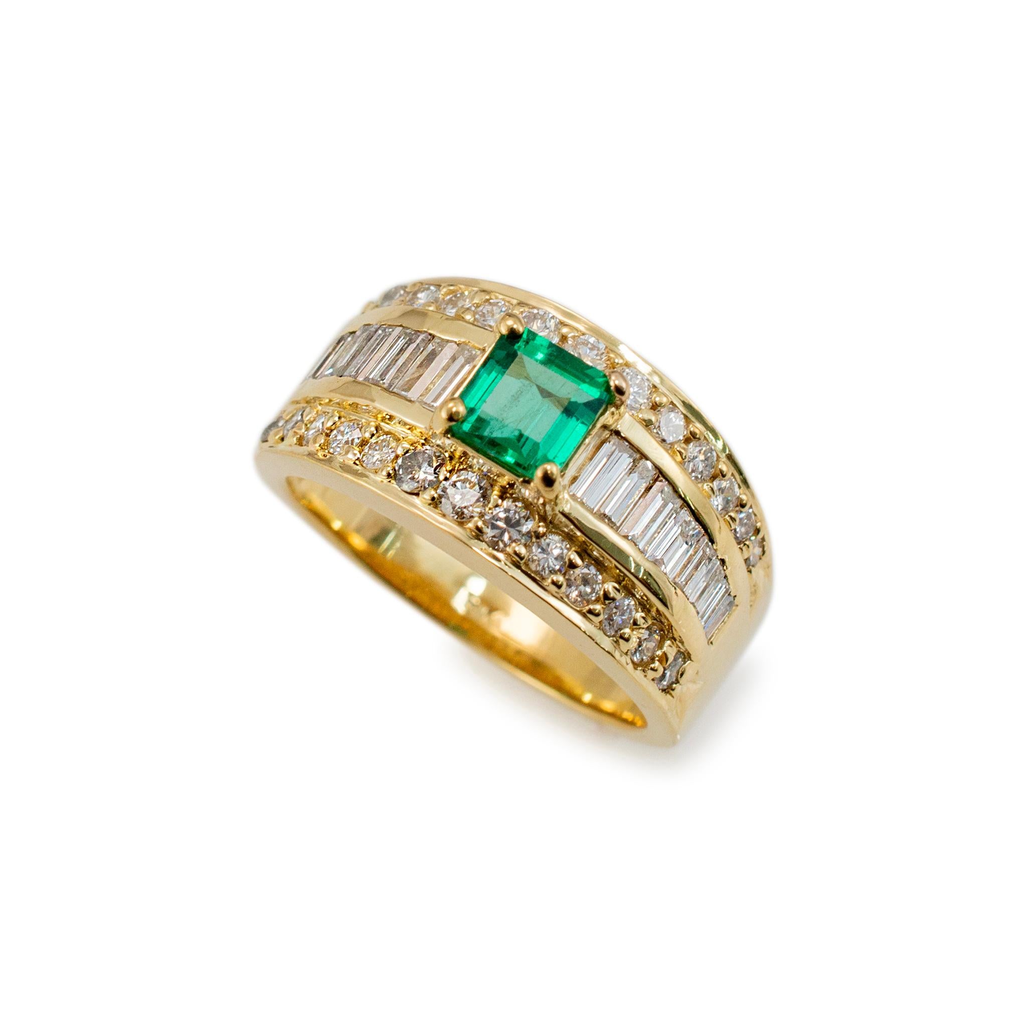 Gender: Unisex 

Metal Type: 18K Yellow Gold

Ring Size: 9.5

Width: 11.80 mm tapering to 3.60 mm

Weight: 14.19 grams

One unisex 18K yellow gold diamond and emerald vintage accented cocktail ring with a tapered comfort-fit shank. The metal was