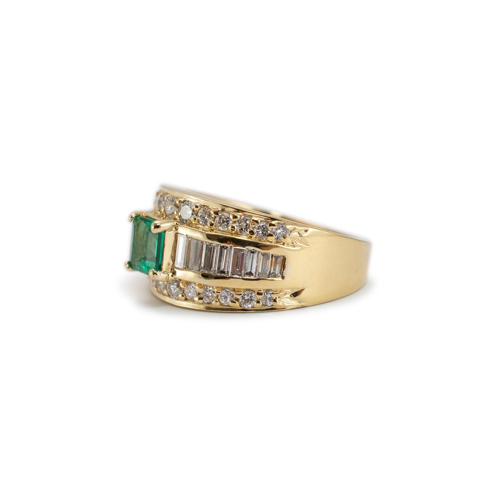 Square Cut Vintage 18K Yellow Gold Emerald Accented Baguette & Round Diamond Cocktail Ring For Sale