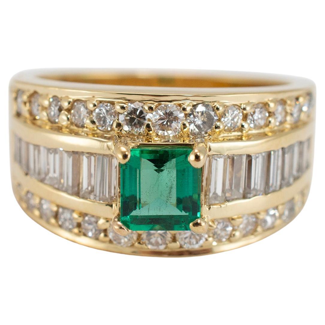 Vintage 18K Yellow Gold Emerald Accented Baguette & Round Diamond Cocktail Ring