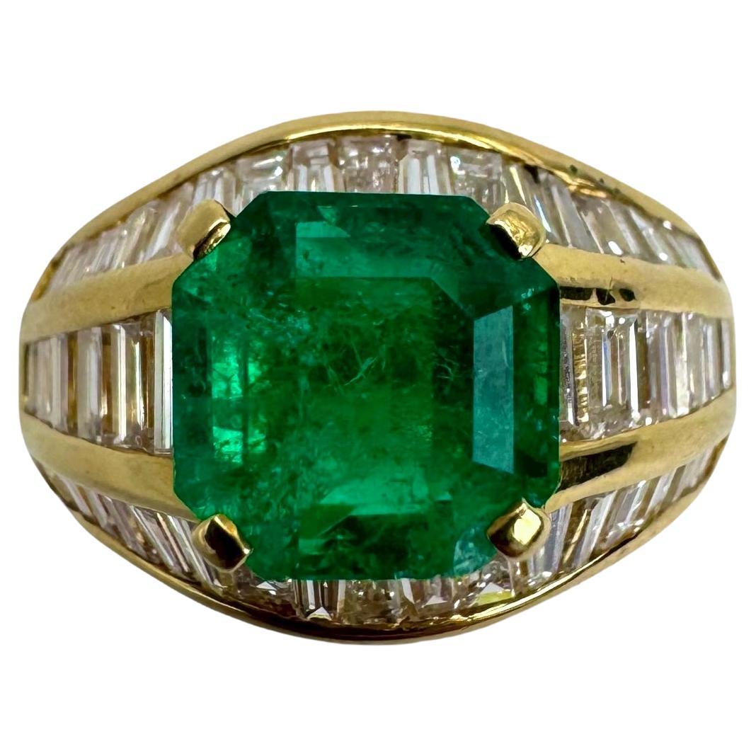 Bague baguette vintage en or jaune 18K avec émeraudes et diamants