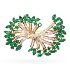 Vintage 18k Yellow Gold Emerald and Diamond Foliage Brooch